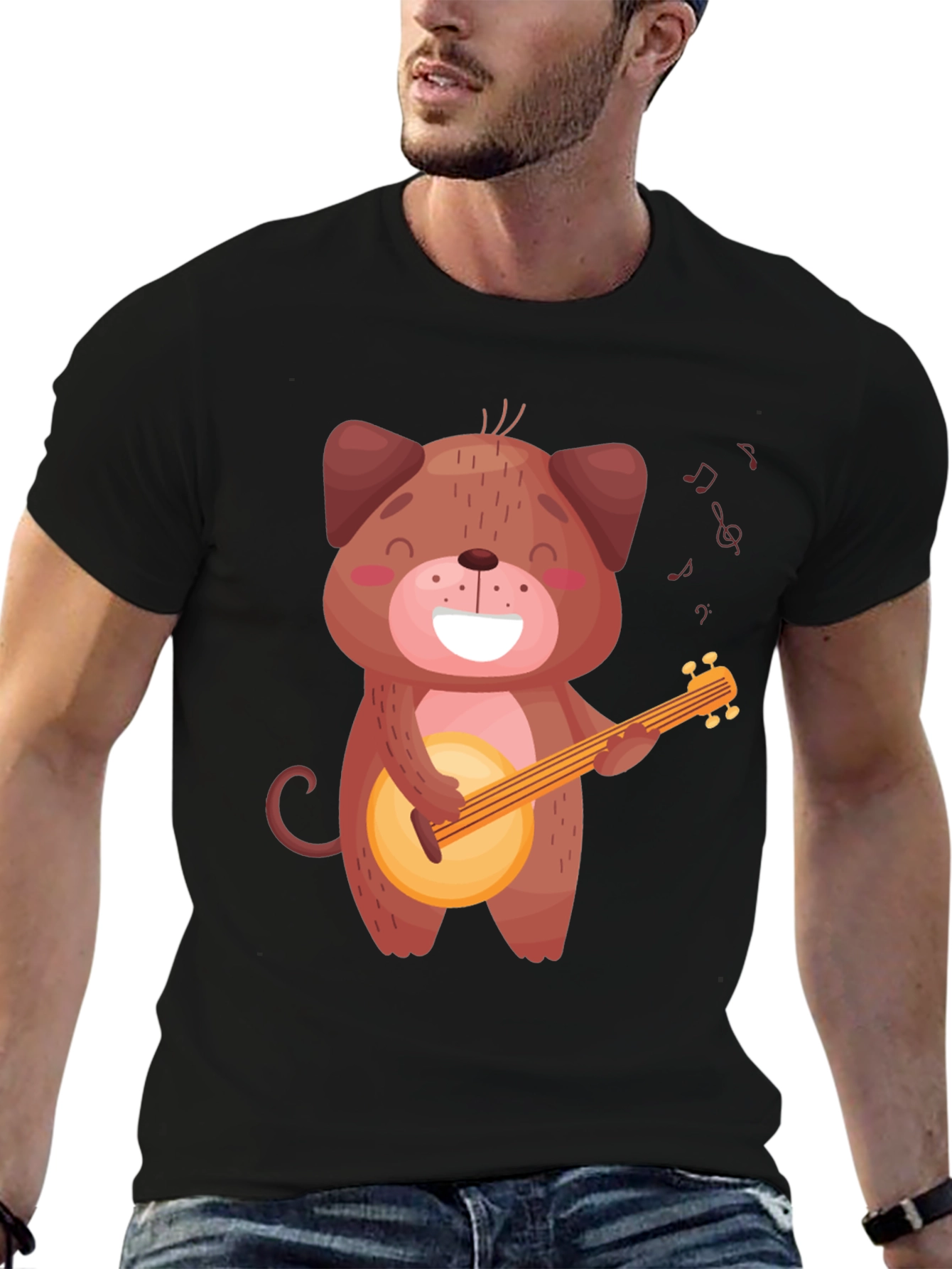 Cute Dog Playing Banjo T-Shirt - Black