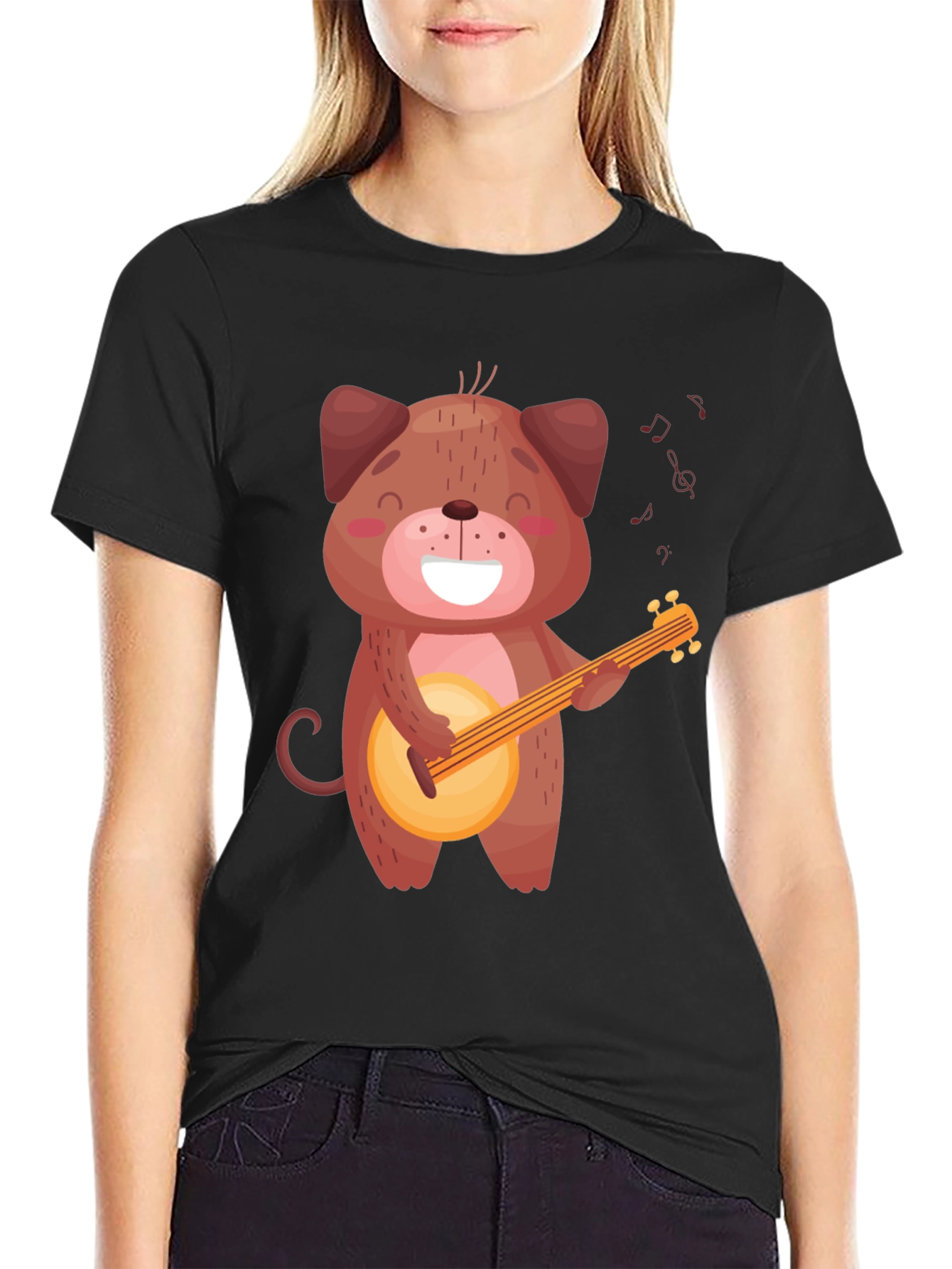 Cute Dog Playing Banjo T-Shirt - Black