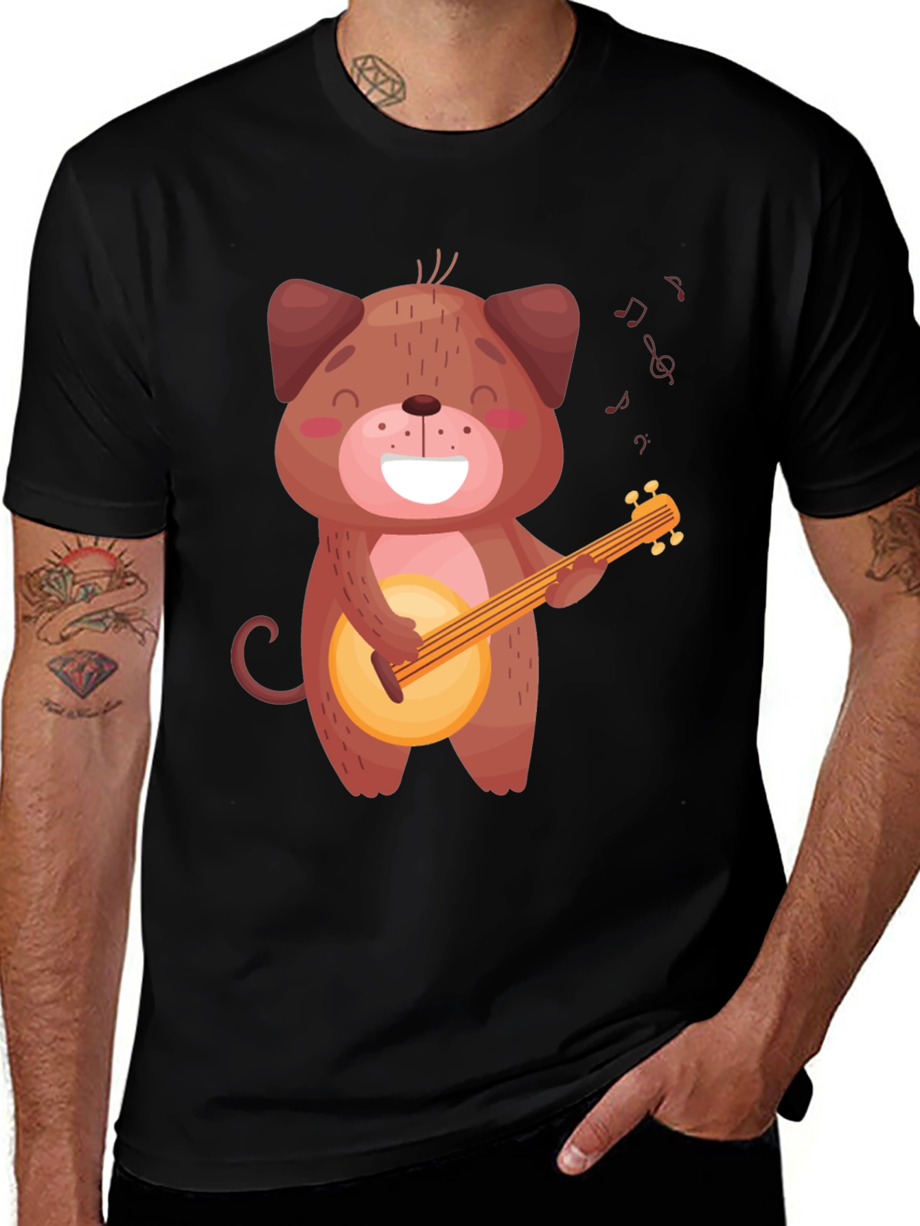 Cute Dog Playing Banjo T-Shirt - Black