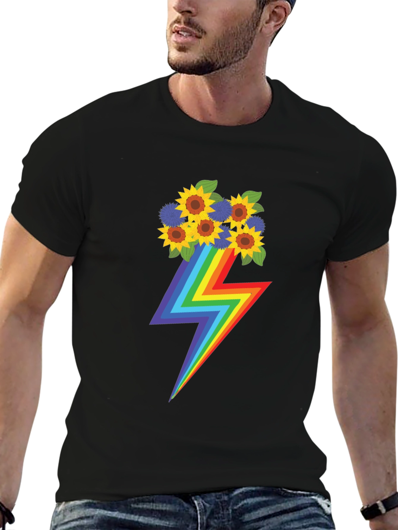 Rainbow Lightning Bolt Sunflower Graphic T-Shirt