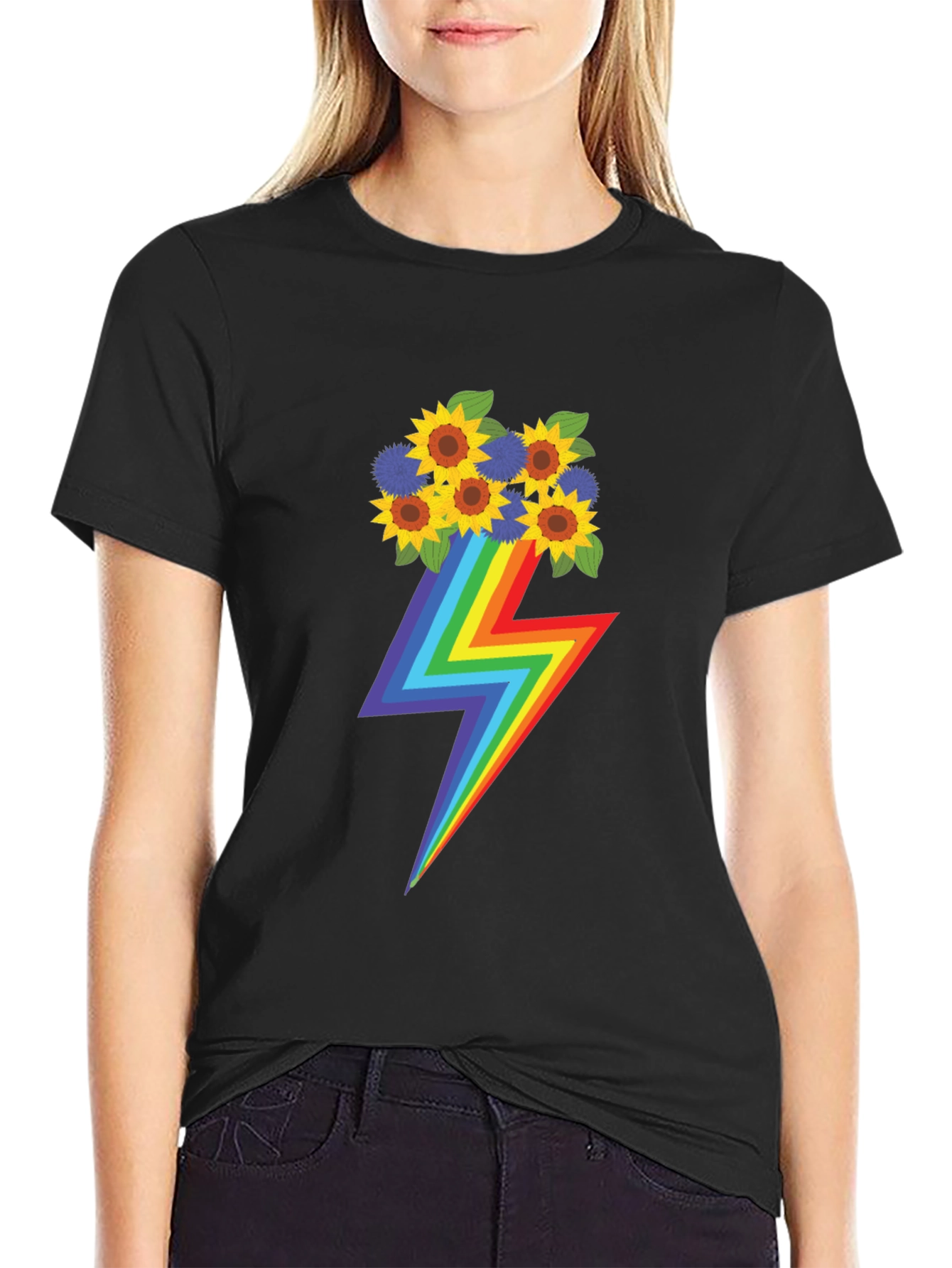 Rainbow Lightning Bolt Sunflower Graphic T-Shirt