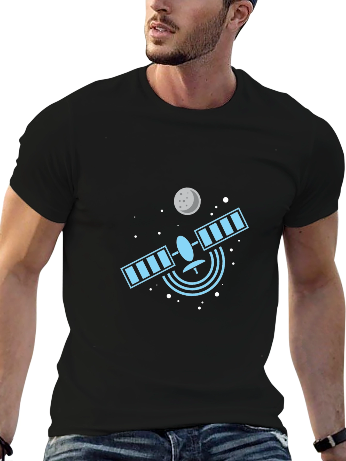 Space Satellite Graphic Tee - Black Cotton T-Shirt