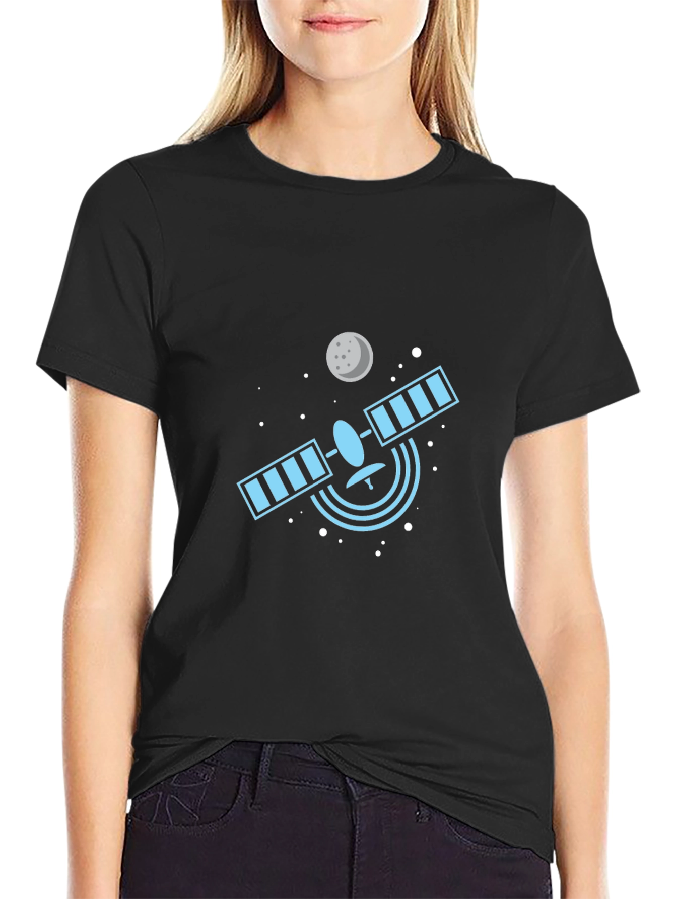 Space Satellite Graphic Tee - Black Cotton T-Shirt