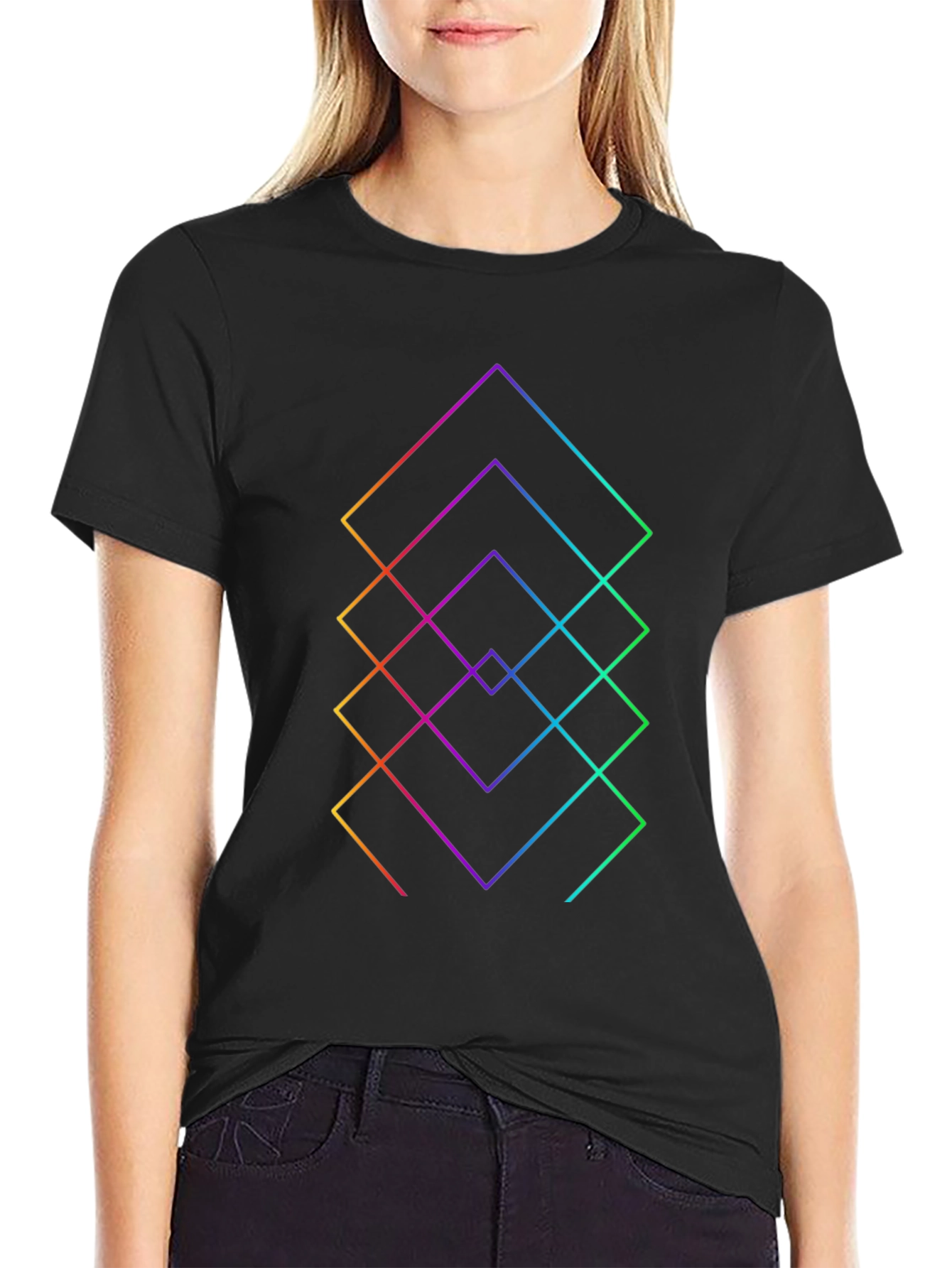 Geometric Rainbow Squares Black T-Shirt