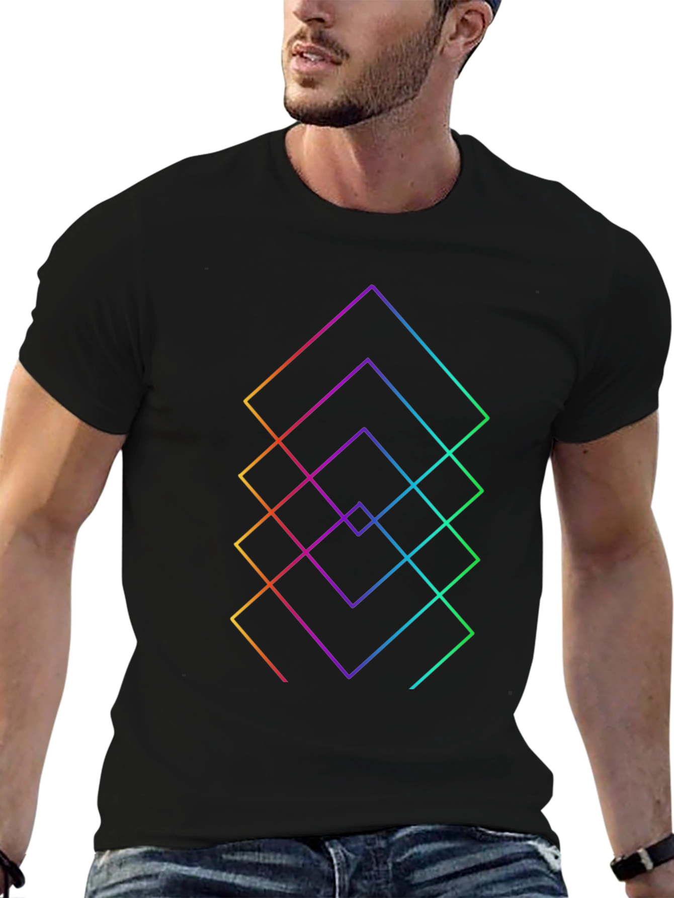Geometric Rainbow Squares Black T-Shirt