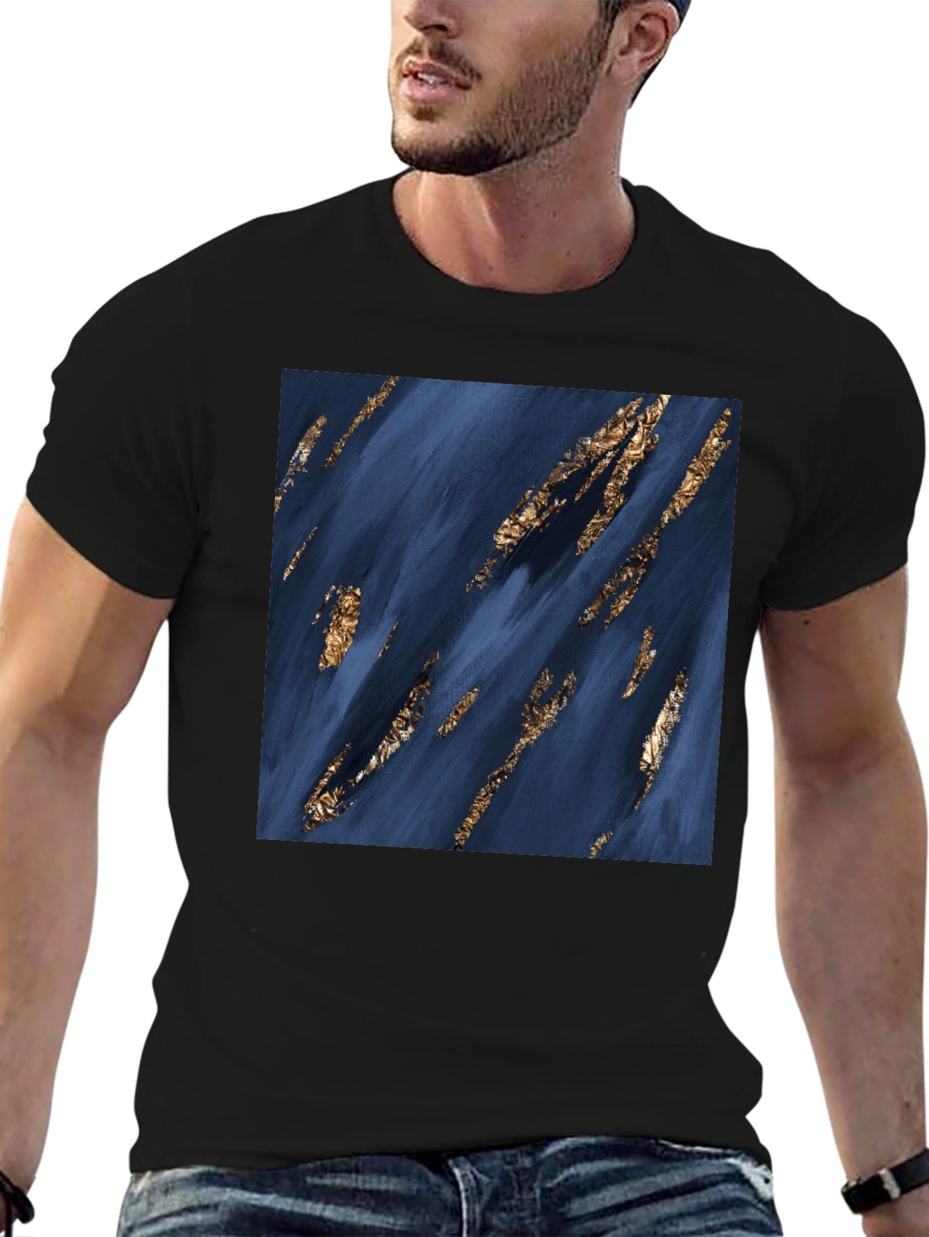 Abstract Art T-Shirt: Navy & Gold Strokes