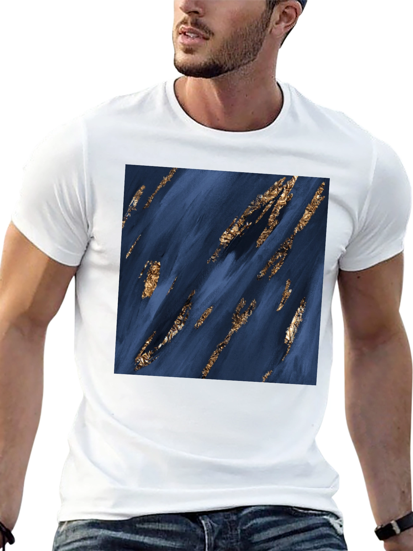 Abstract Art T-Shirt: Navy & Gold Strokes