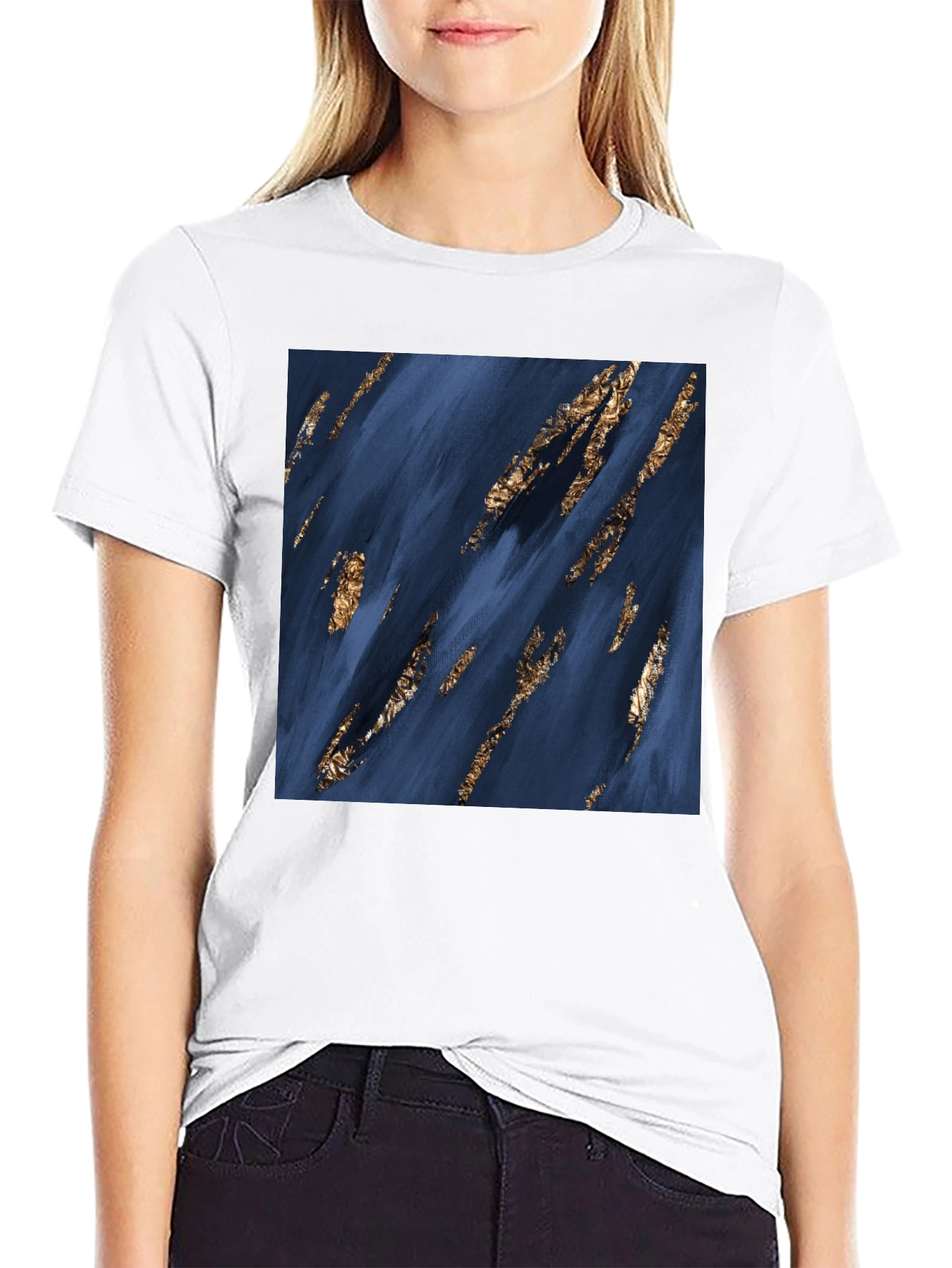 Abstract Art T-Shirt: Navy & Gold Strokes