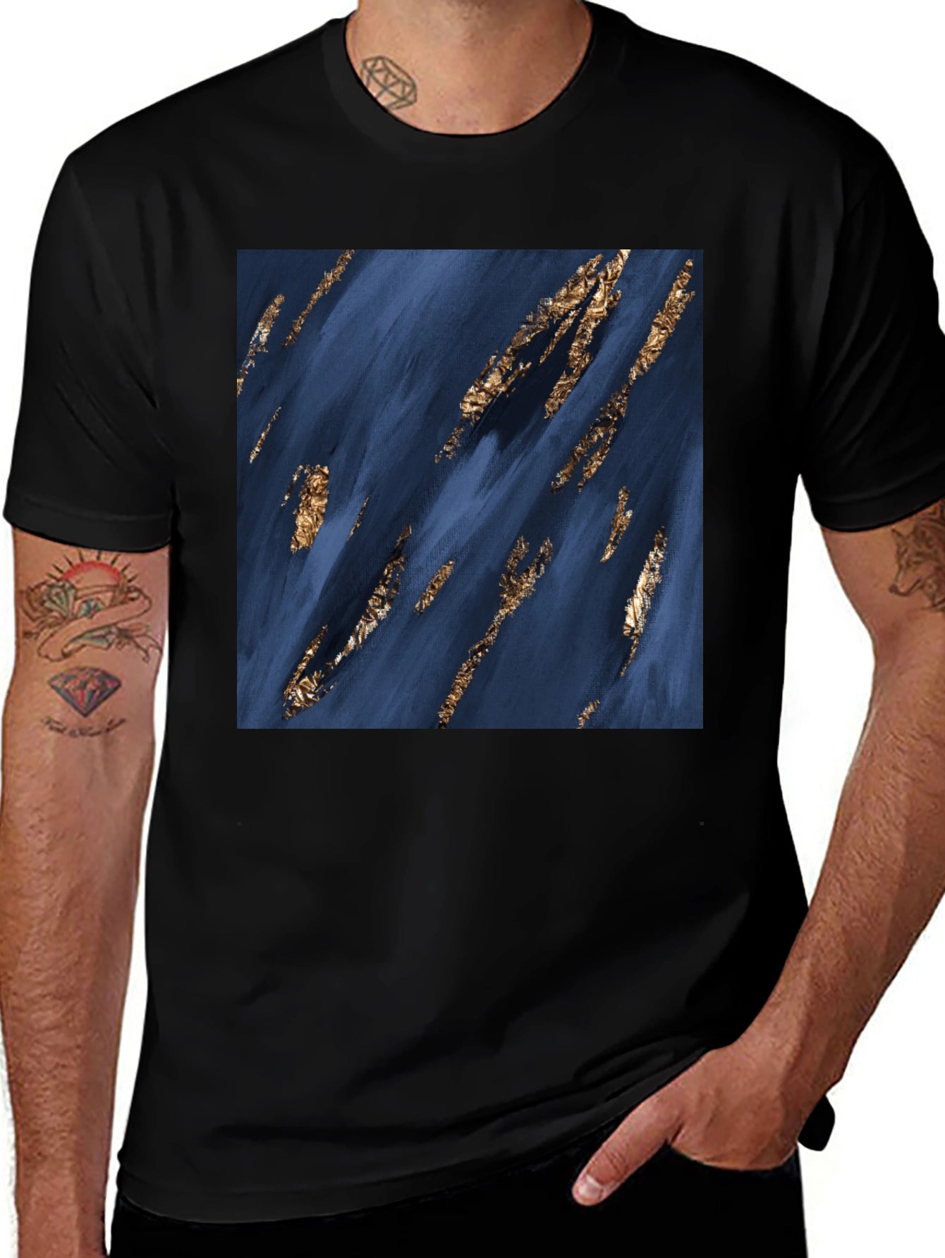 Abstract Art T-Shirt: Navy & Gold Strokes