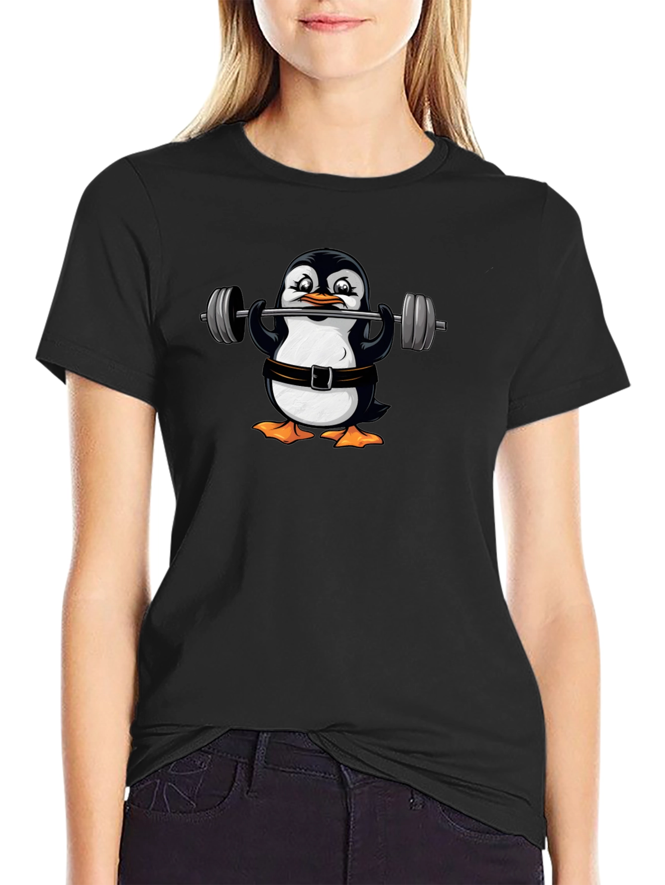 Penguin Lifting Weights Graphic T-Shirt