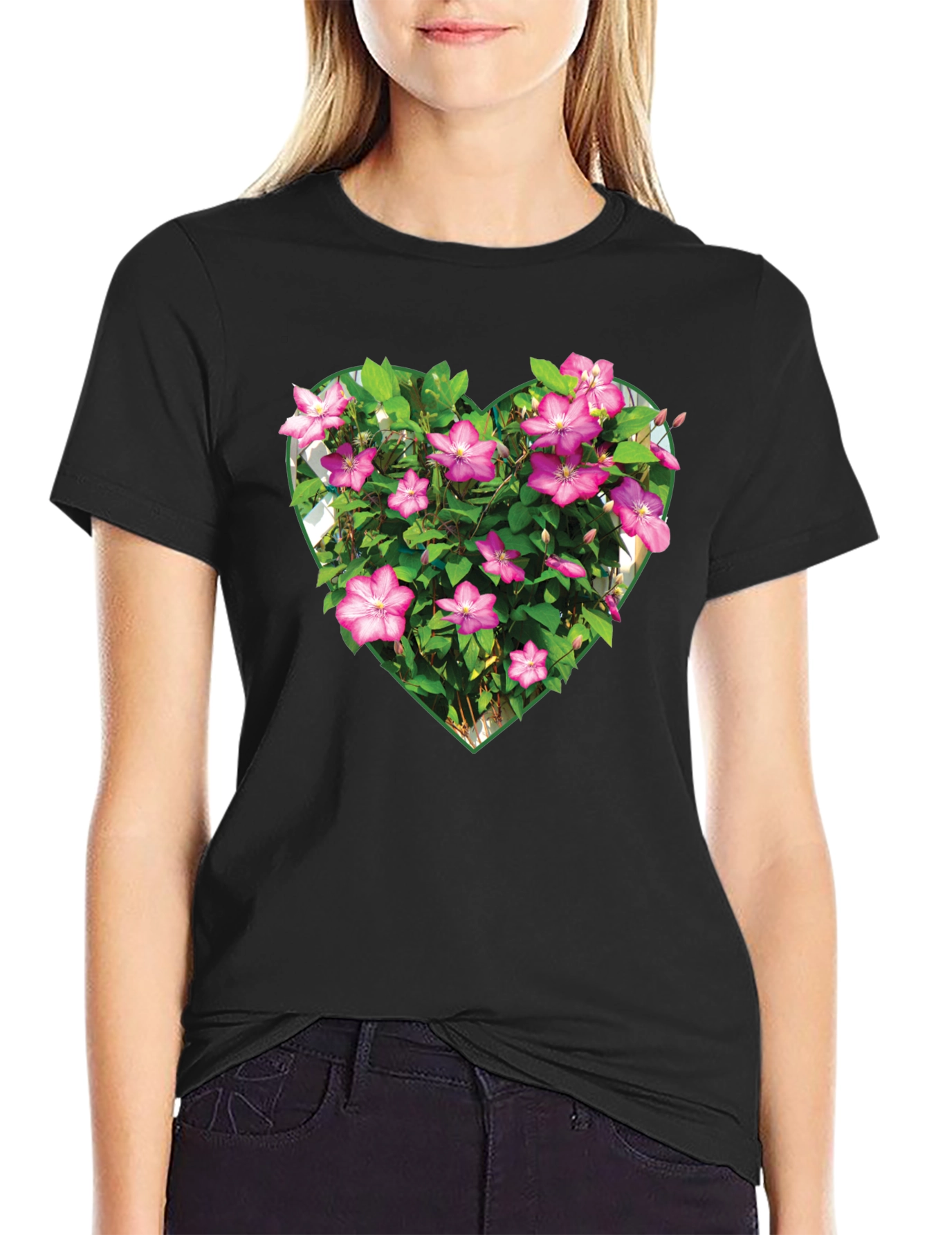 Floral Heart Graphic T-Shirt - Black