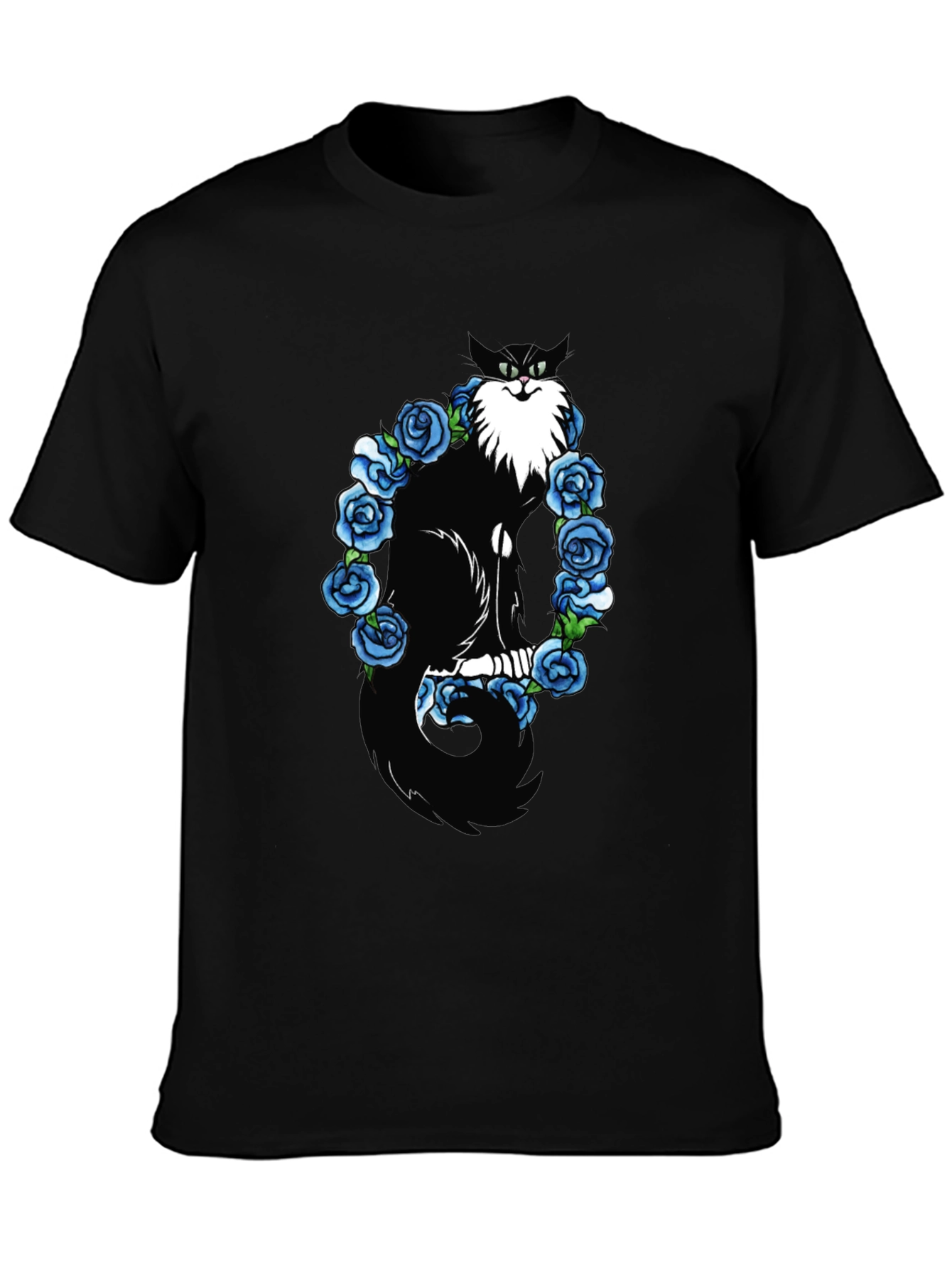 Cat & Blue Roses Graphic Tee