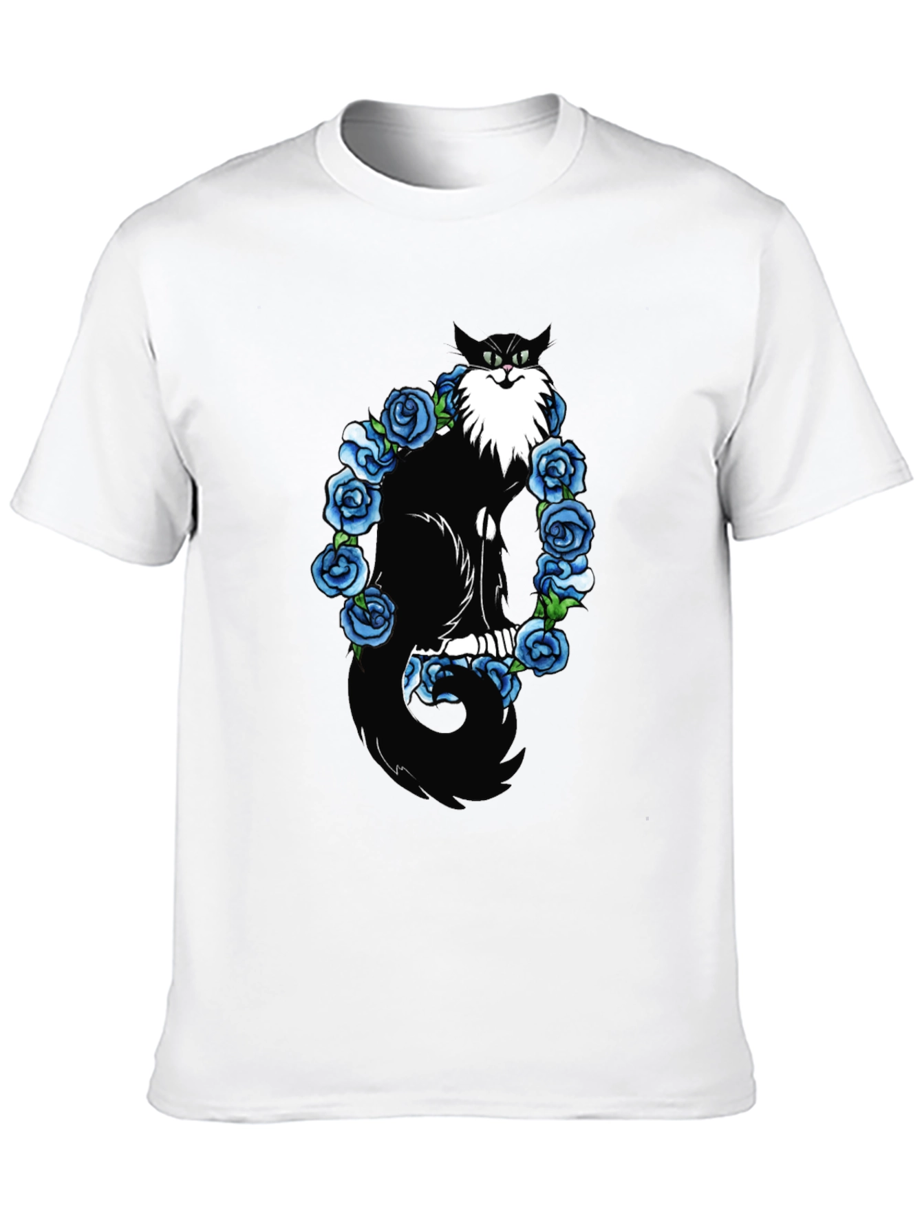 Cat & Blue Roses Graphic Tee