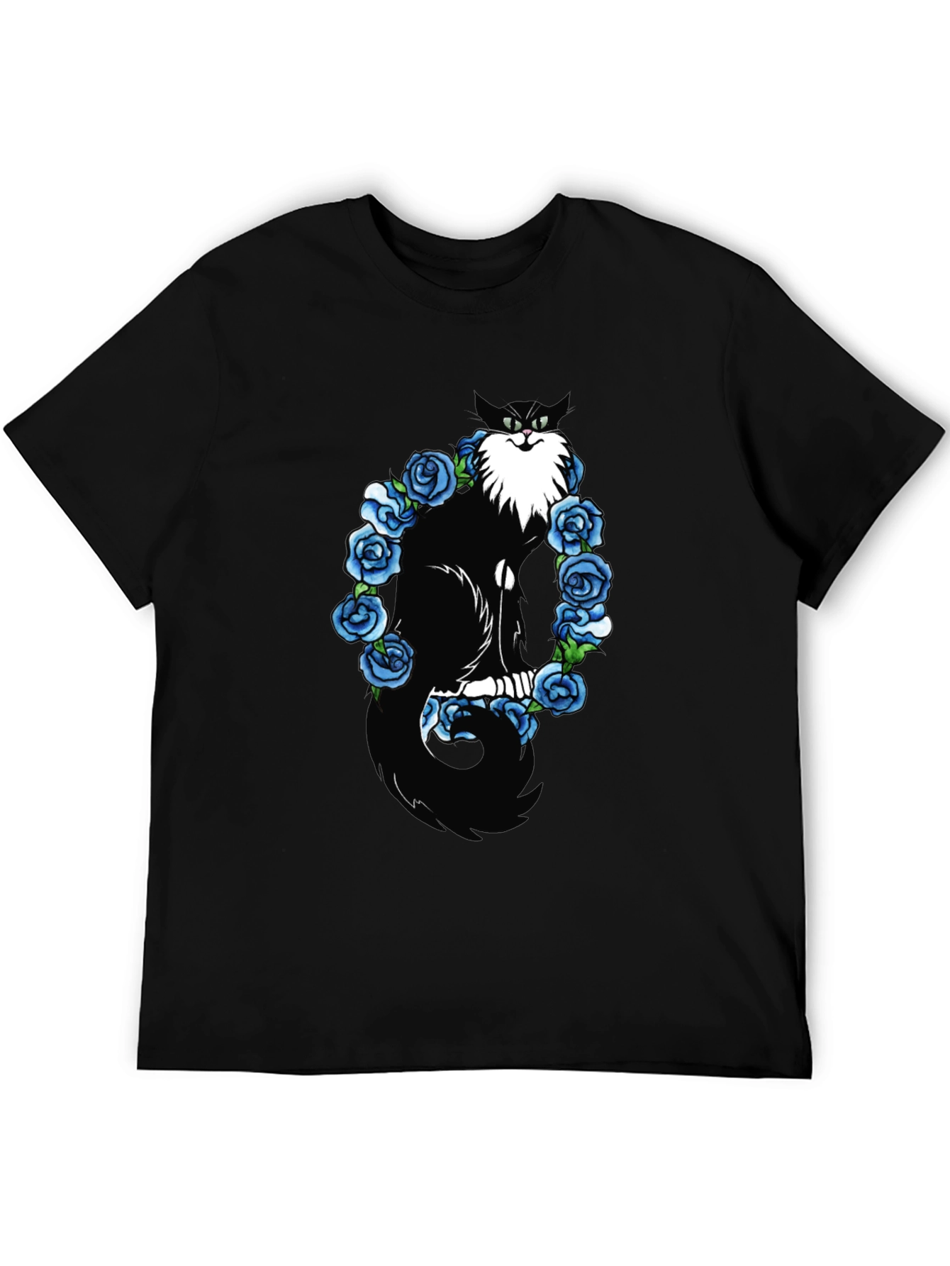 Cat & Blue Roses Graphic Tee