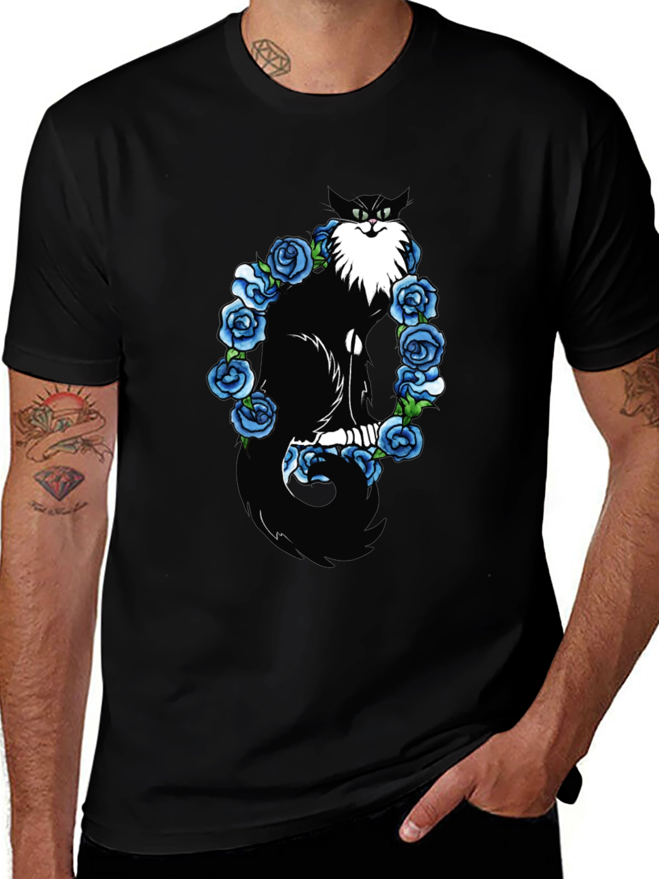 Cat & Blue Roses Graphic Tee