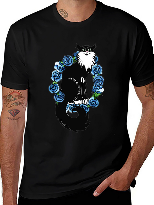 Cat & Blue Roses Graphic Tee