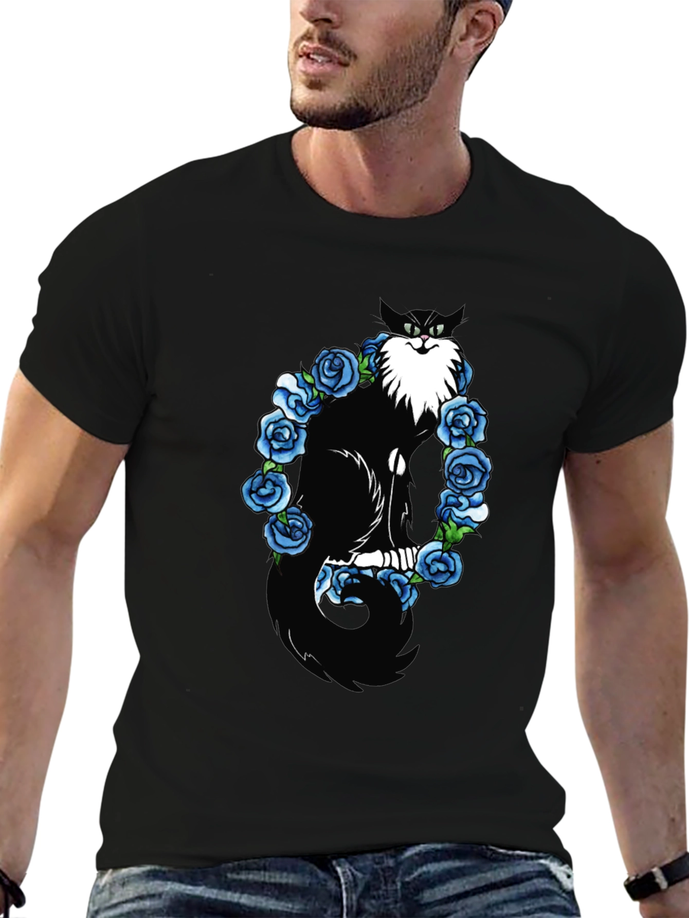Cat & Blue Roses Graphic Tee
