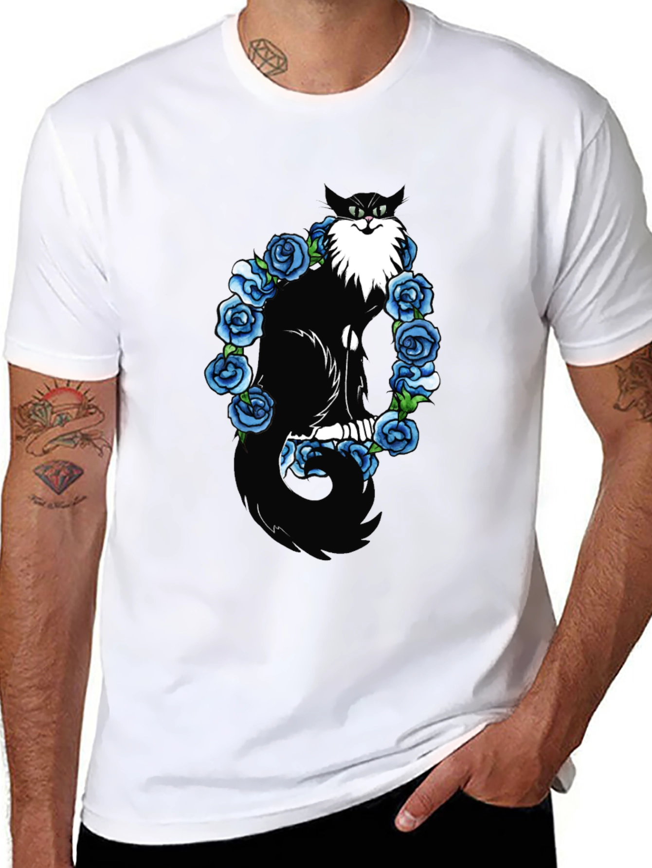 Cat & Blue Roses Graphic Tee