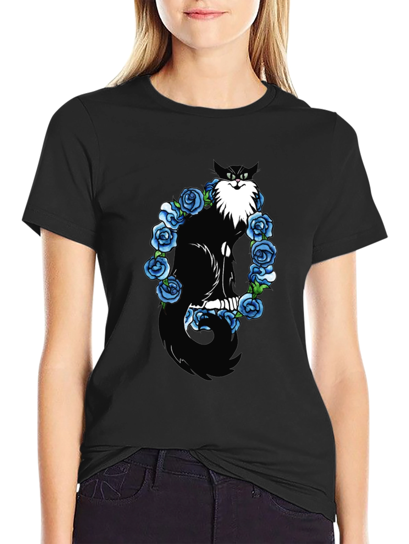 Cat & Blue Roses Graphic Tee