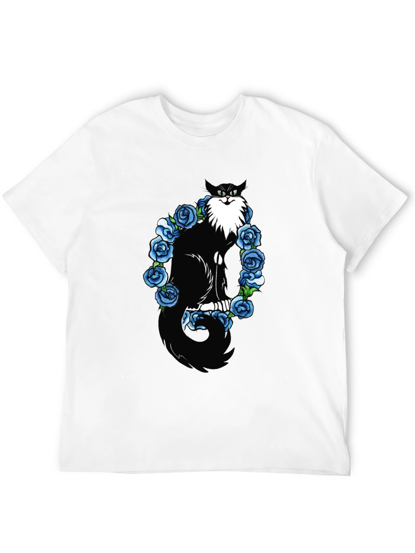 Cat & Blue Roses Graphic Tee