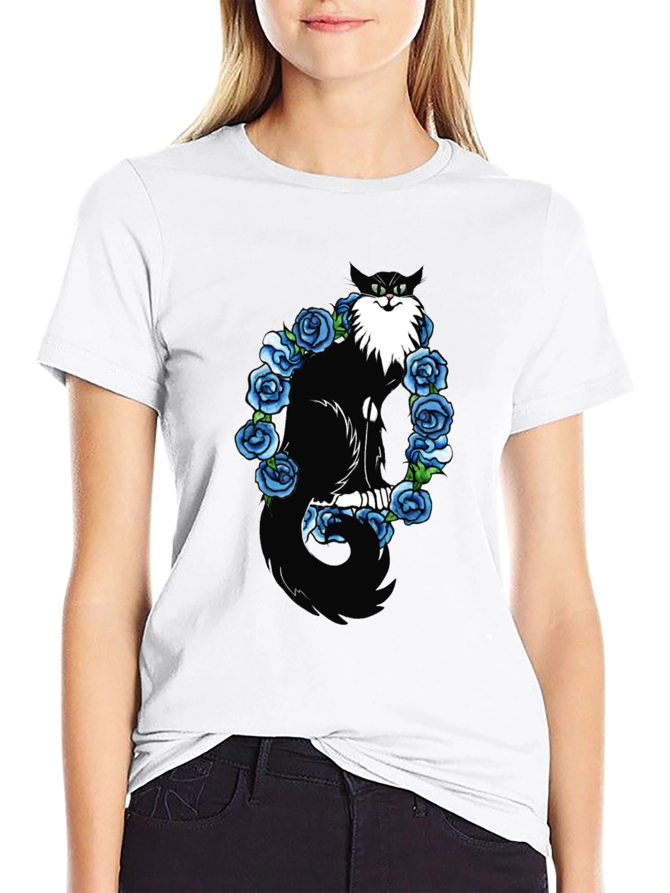 Cat & Blue Roses Graphic Tee