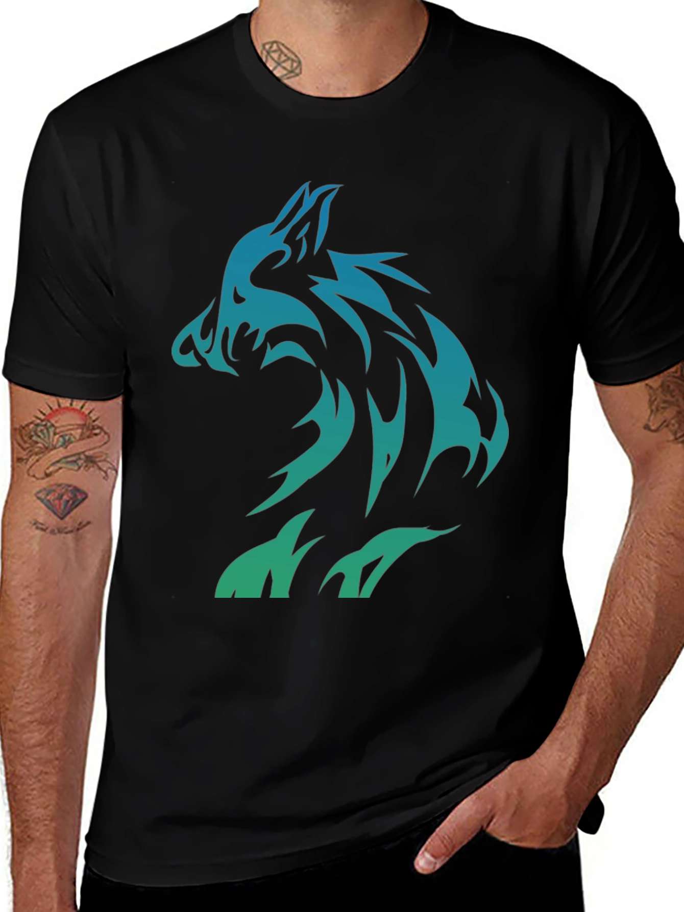 Tribal Wolf Graphic T-Shirt - Black Cotton Tee