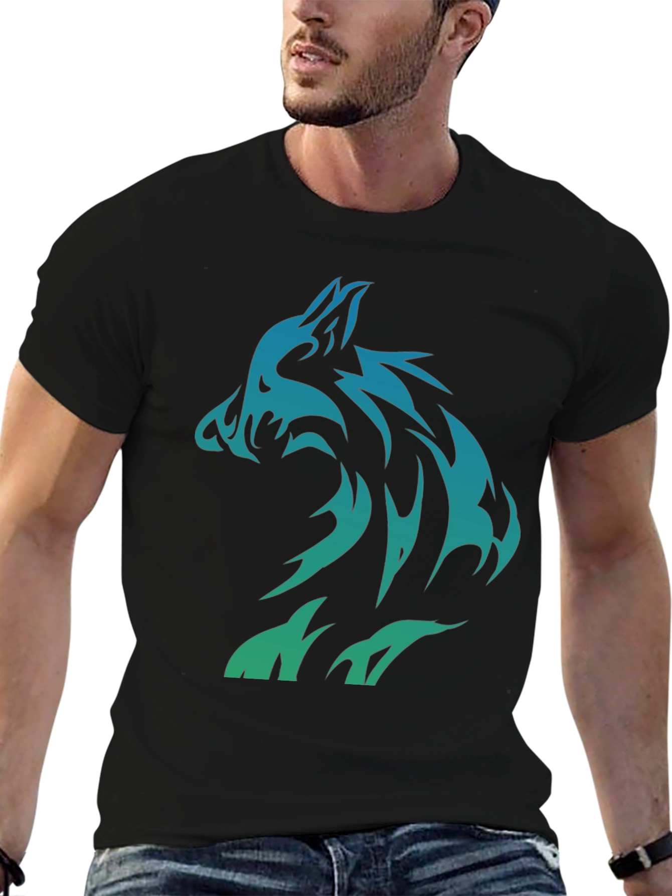 Tribal Wolf Graphic T-Shirt - Black Cotton Tee