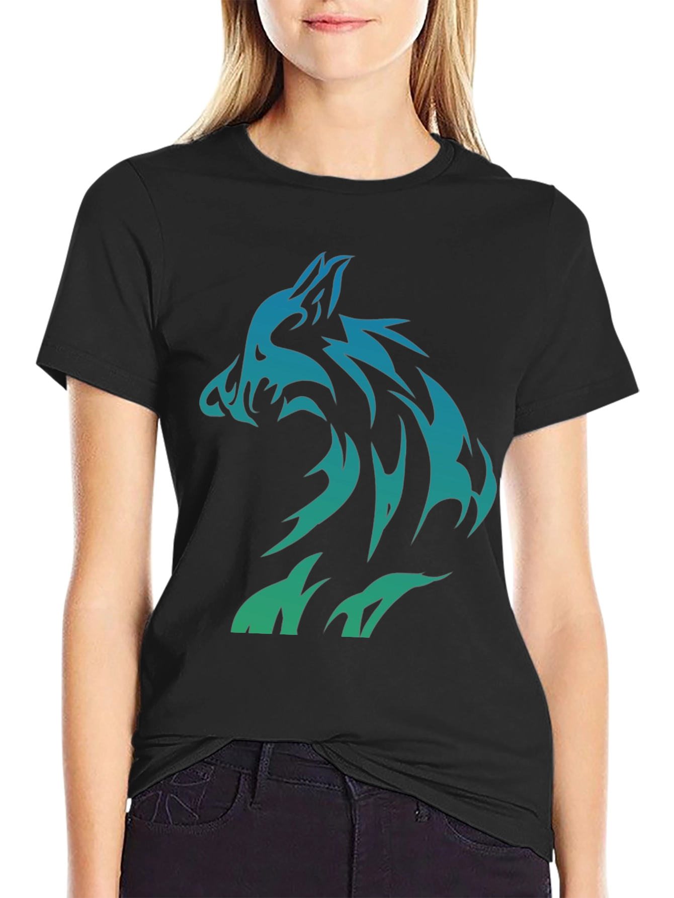 Tribal Wolf Graphic T-Shirt - Black Cotton Tee