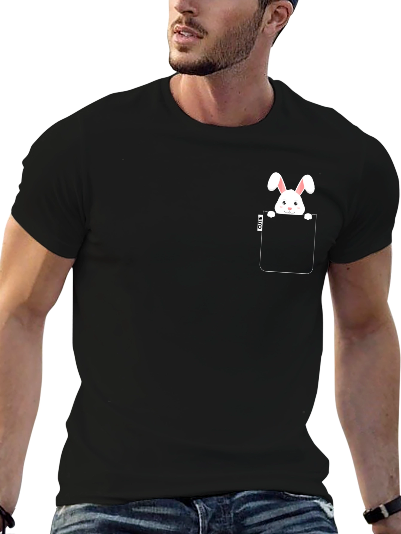 Cute Bunny Pocket Black T-Shirt