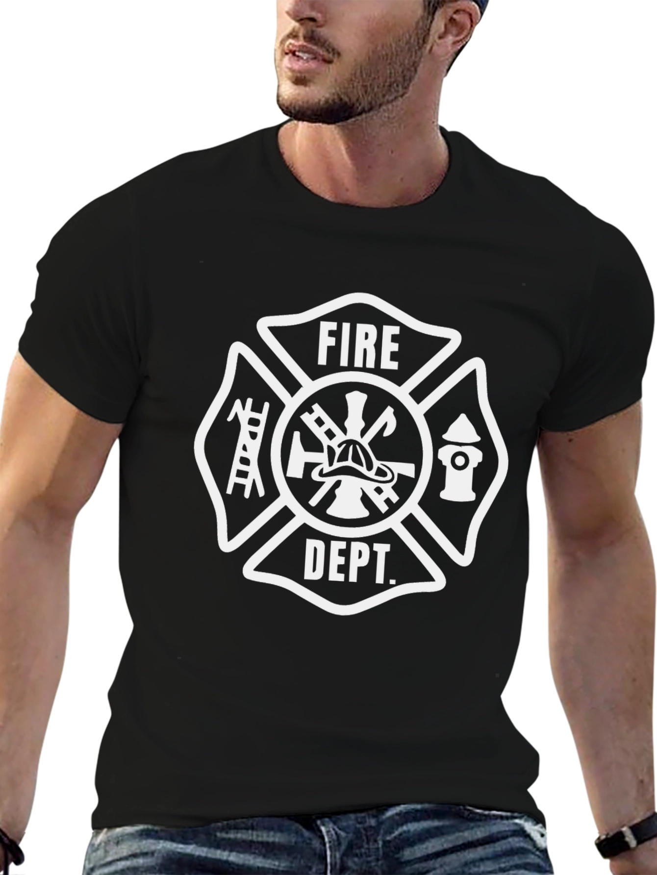 Fire Dept. T-Shirt - Black Cotton Firefighter Design