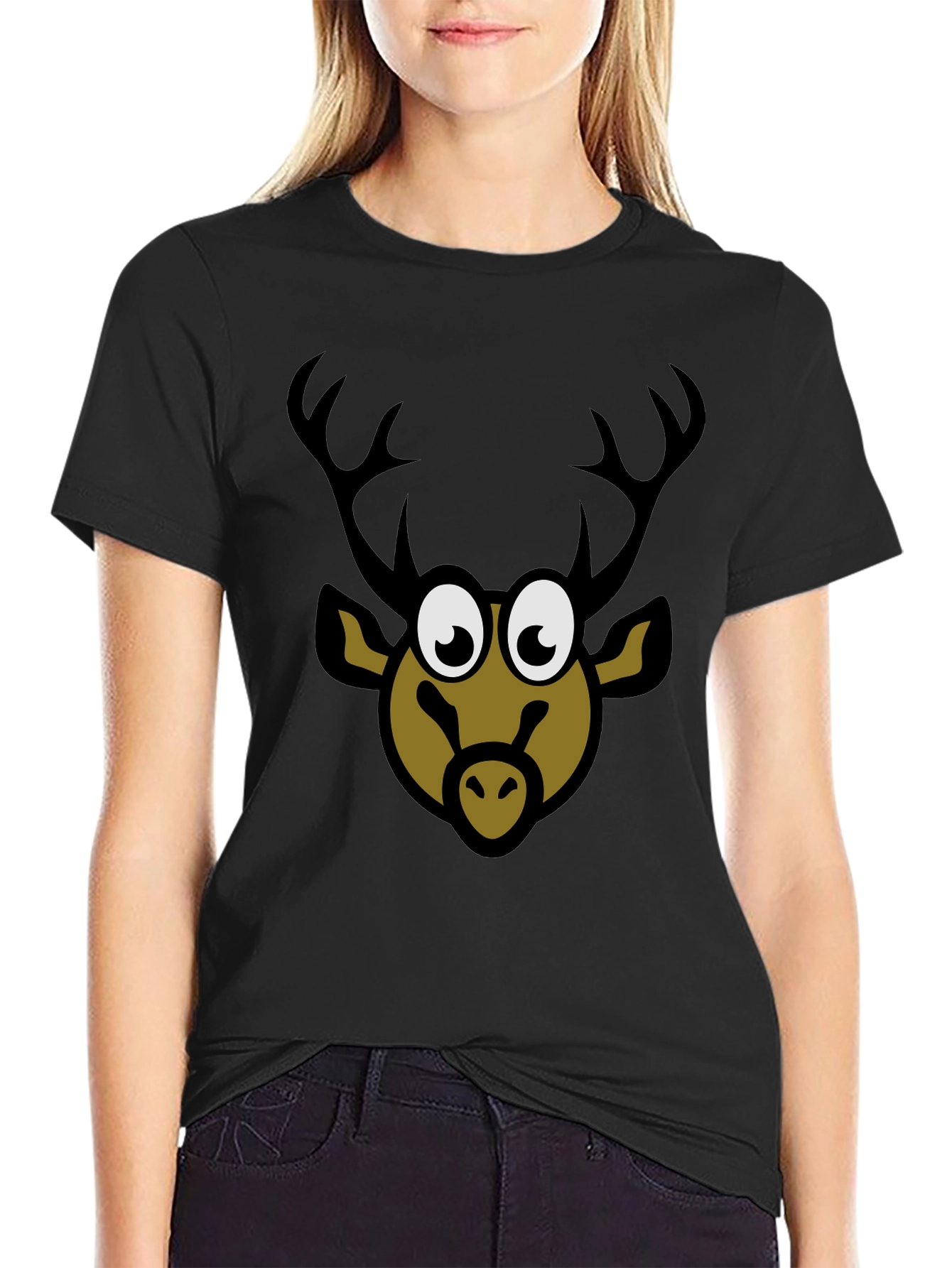 Cartoon Deer Graphic Tee - Black T-Shirt
