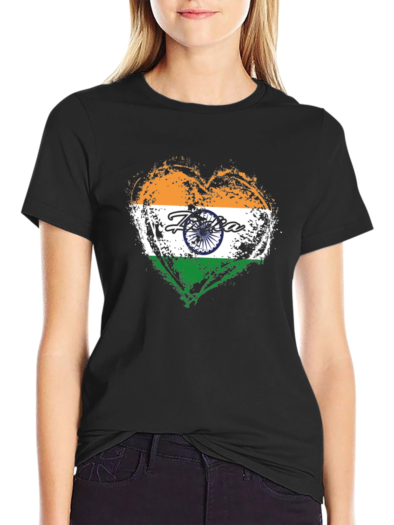 India Flag Heart T-Shirt - Black Cotton Tee