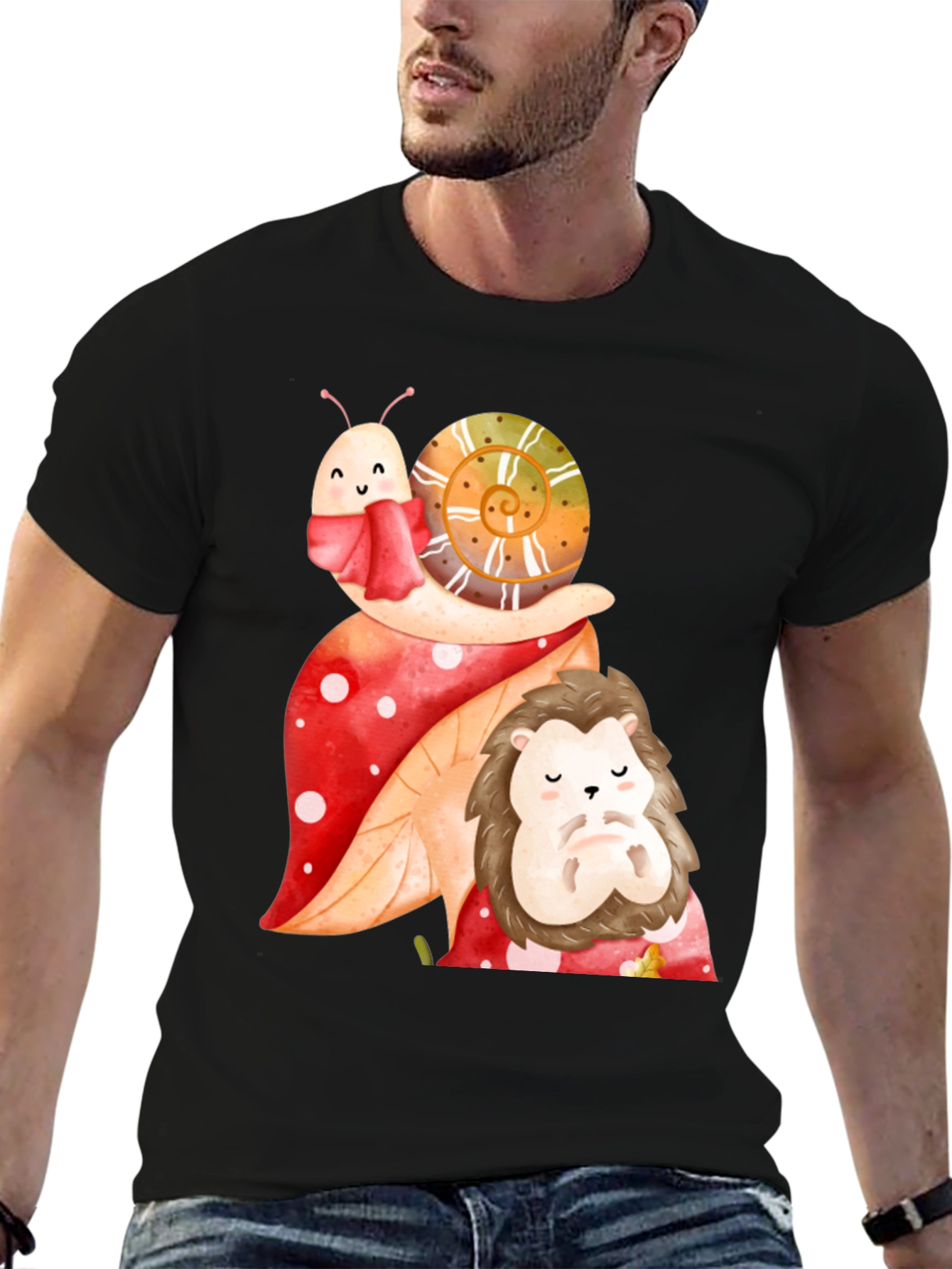 Cute Snail & Hedgehog Graphic Tee - Black