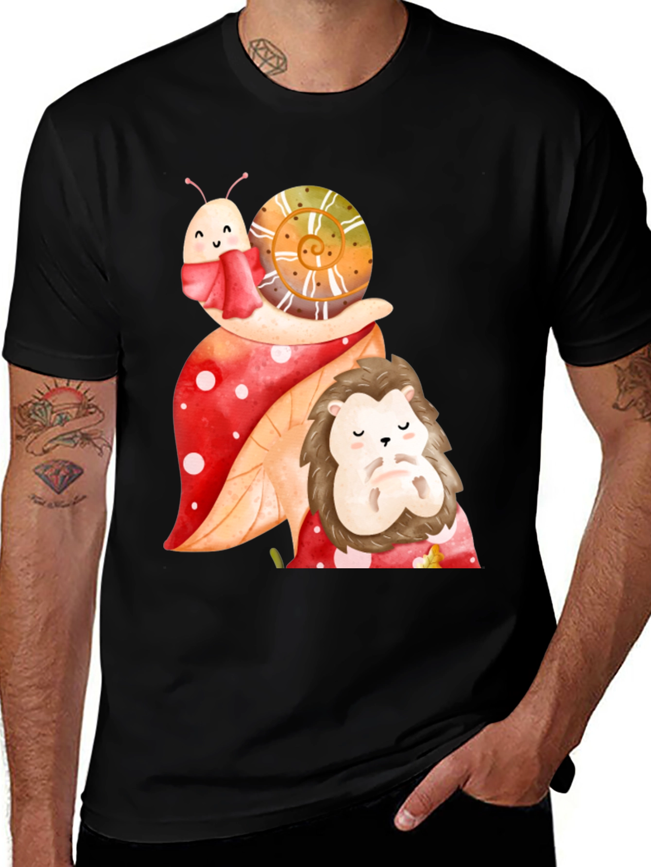 Cute Snail & Hedgehog Graphic Tee - Black