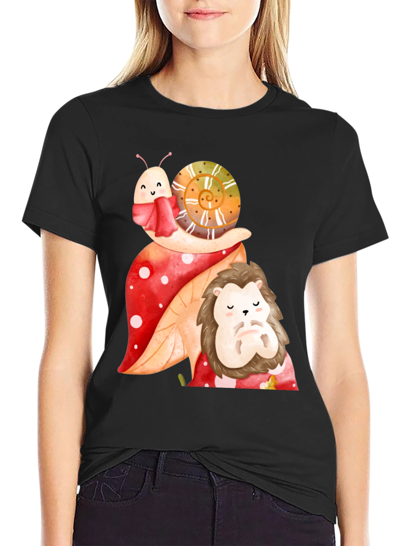 Cute Snail & Hedgehog Graphic Tee - Black