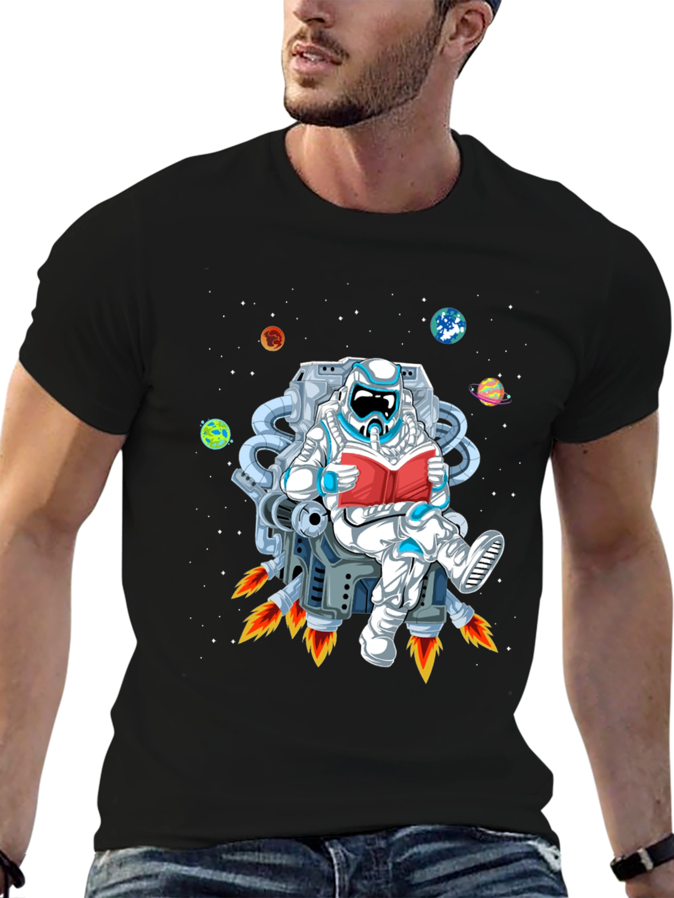 Astronaut Reading in Space T-Shirt - Black