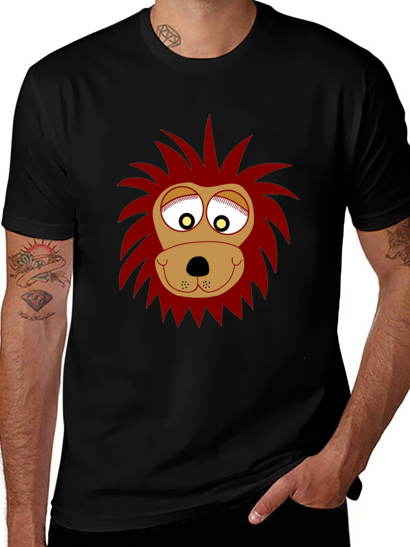 Funny Lion Face Graphic Black T-Shirt