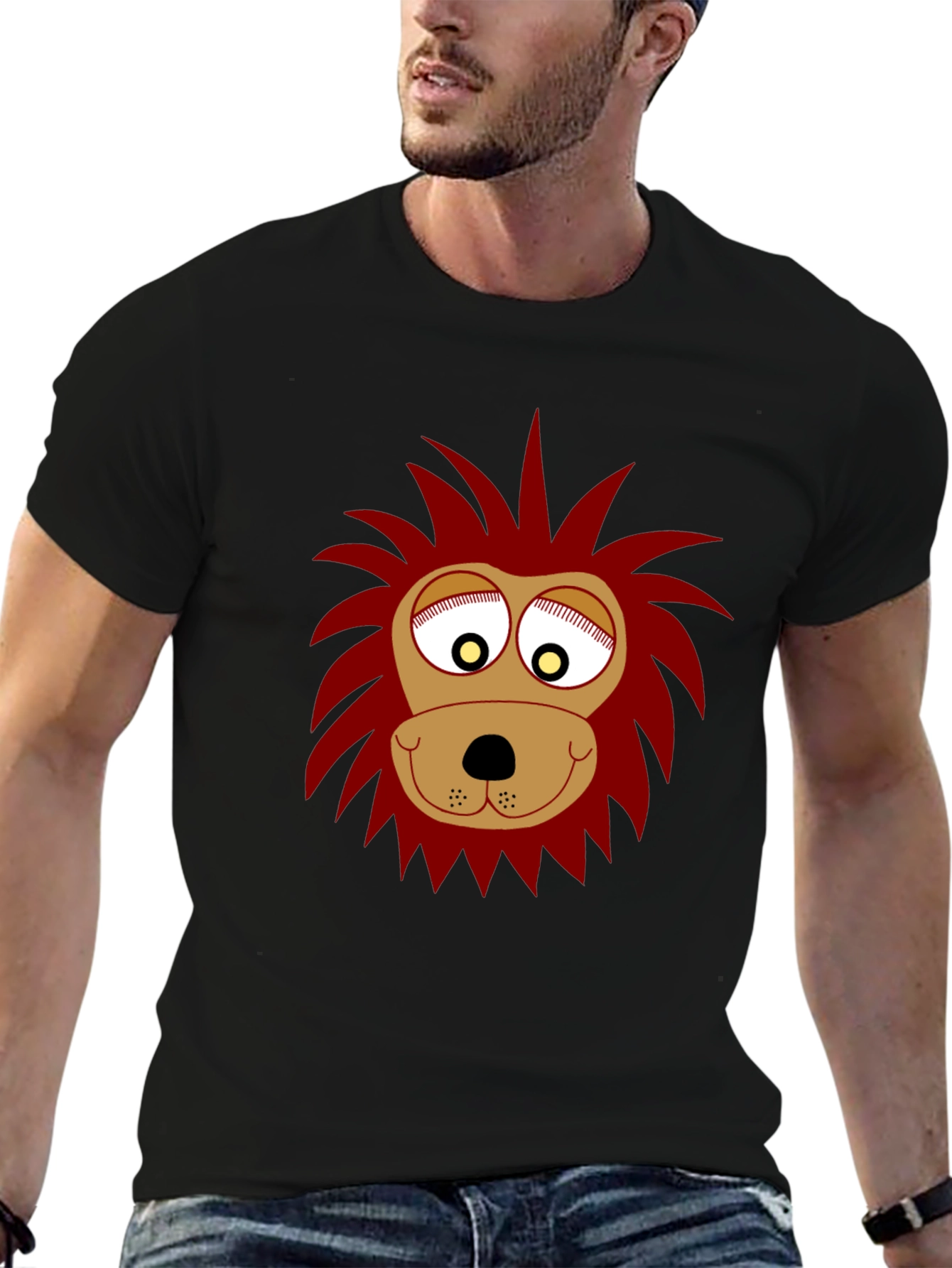 Funny Lion Face Graphic Black T-Shirt