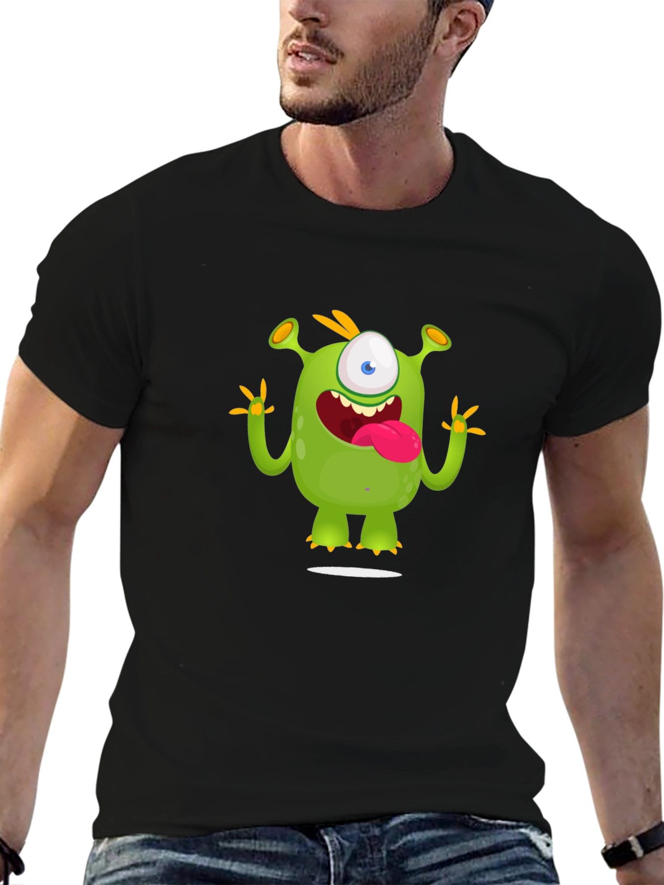 Cartoon Monster Graphic Tee - Black Cotton