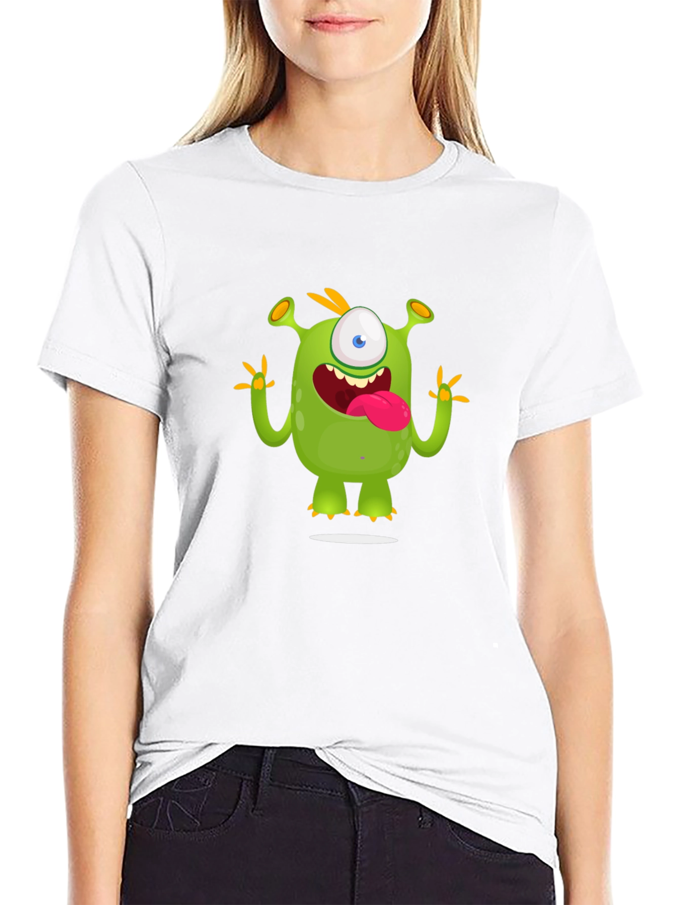 Cartoon Monster Graphic Tee - Black Cotton