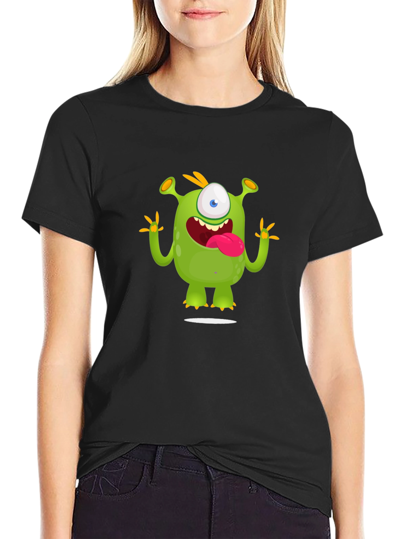 Cartoon Monster Graphic Tee - Black Cotton