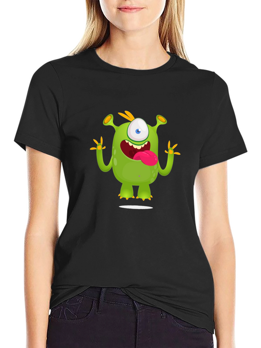 Cartoon Monster Graphic Tee - Black Cotton