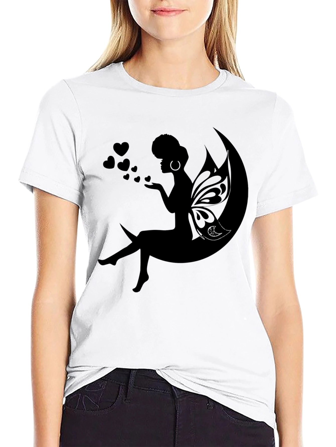 Whimsical Moon Fairy Black T-Shirt