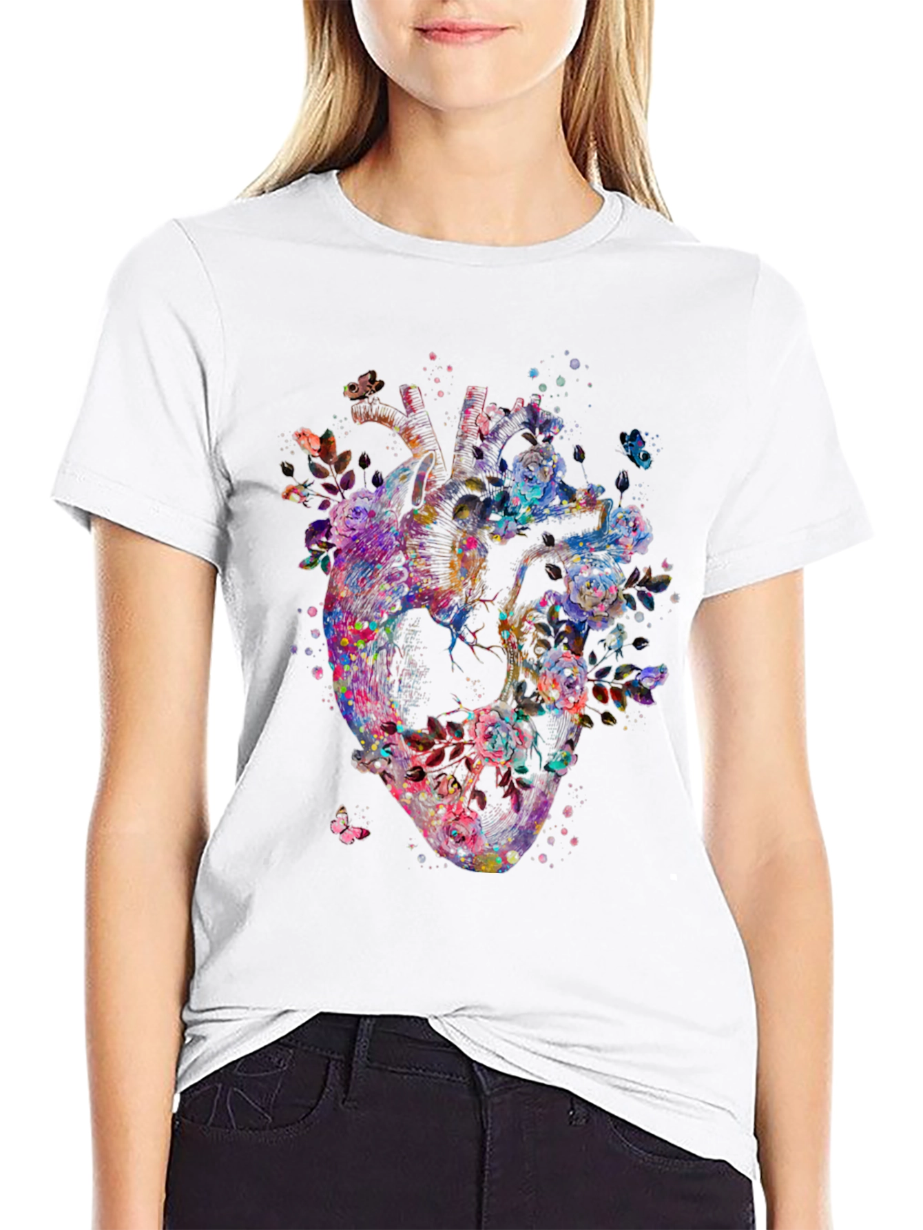 Floral Heart Graphic Print Black T-Shirt