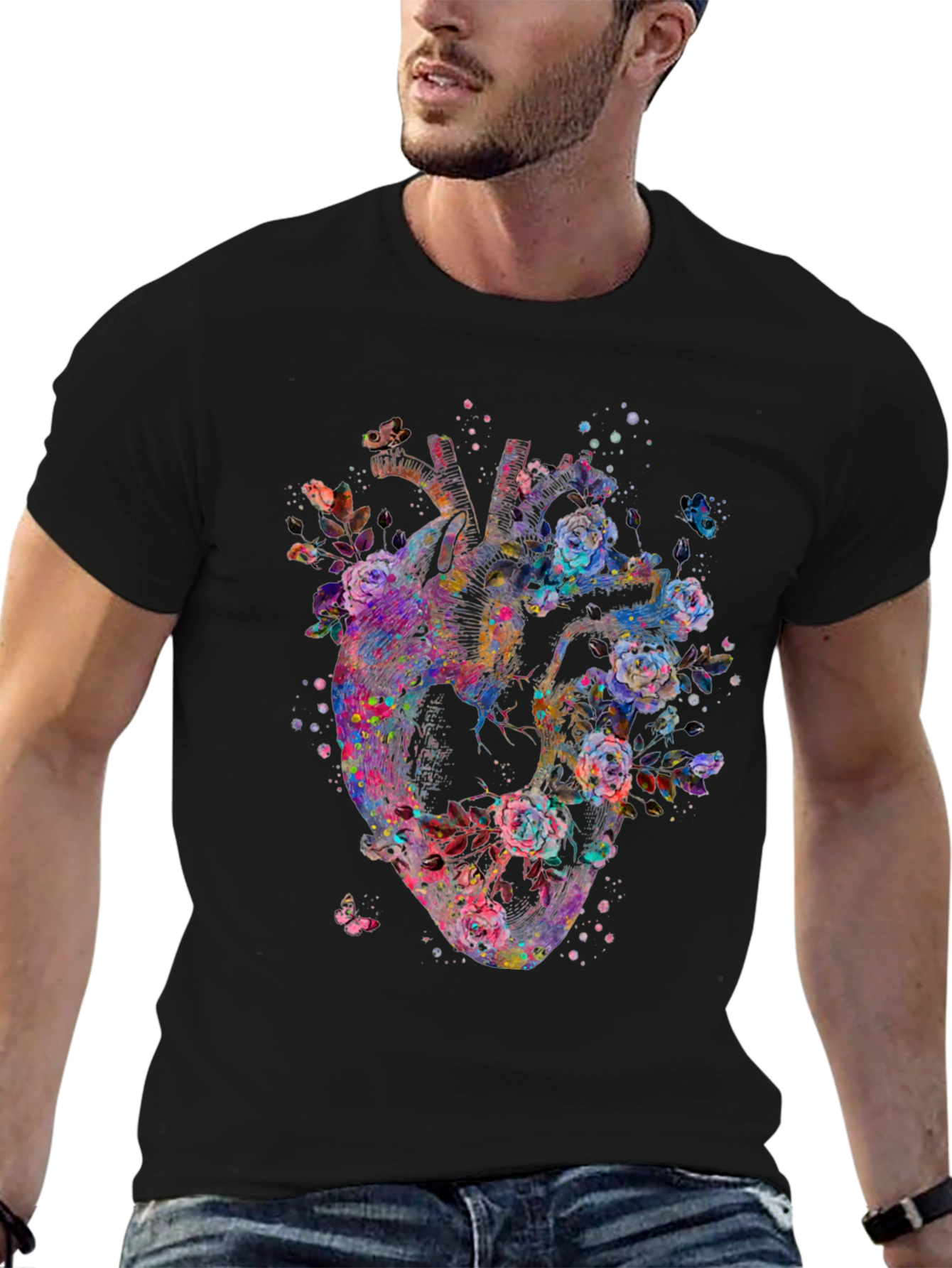 Floral Heart Graphic Print Black T-Shirt