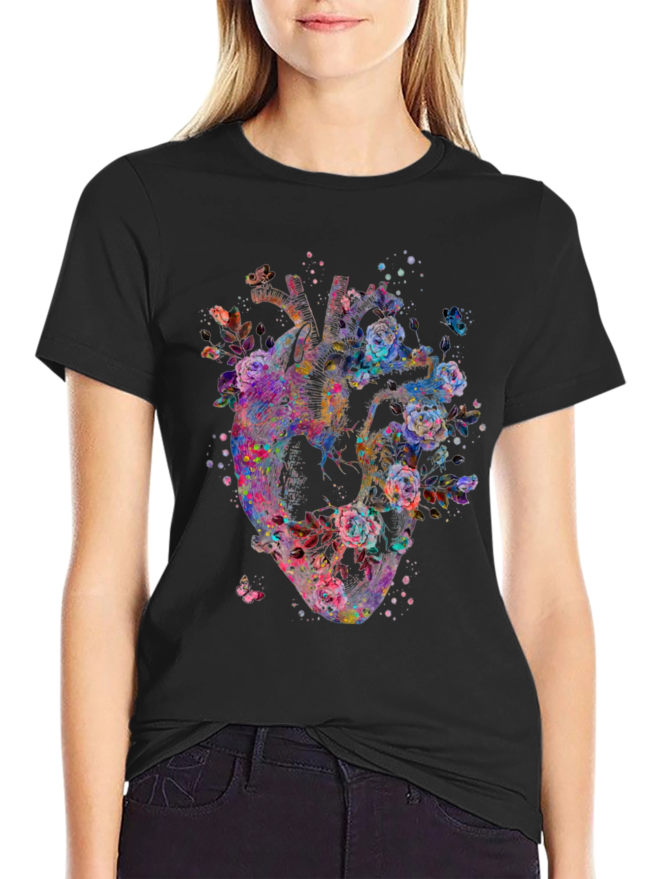 Floral Heart Graphic Print Black T-Shirt