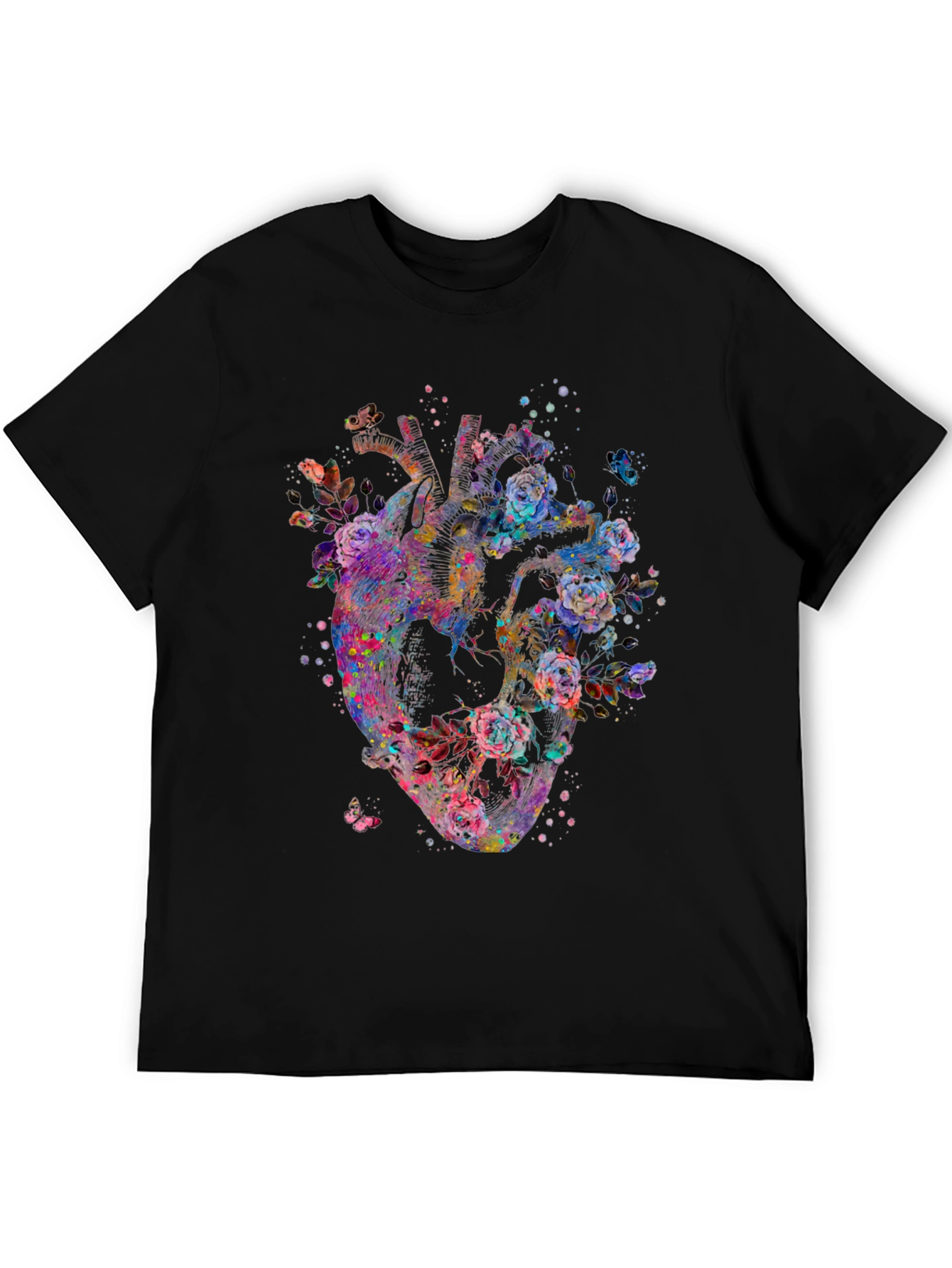 Floral Heart Graphic Print Black T-Shirt