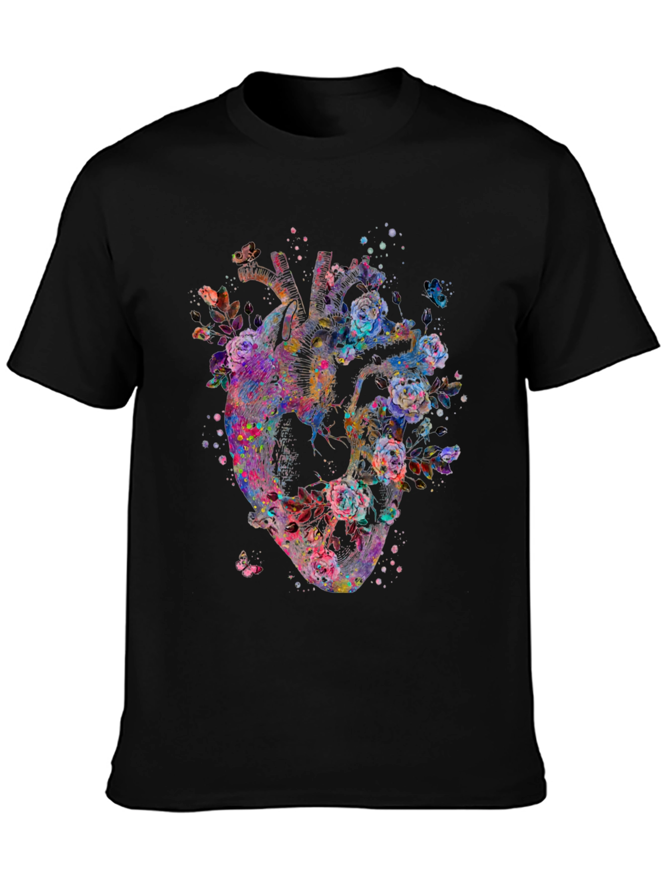 Floral Heart Graphic Print Black T-Shirt