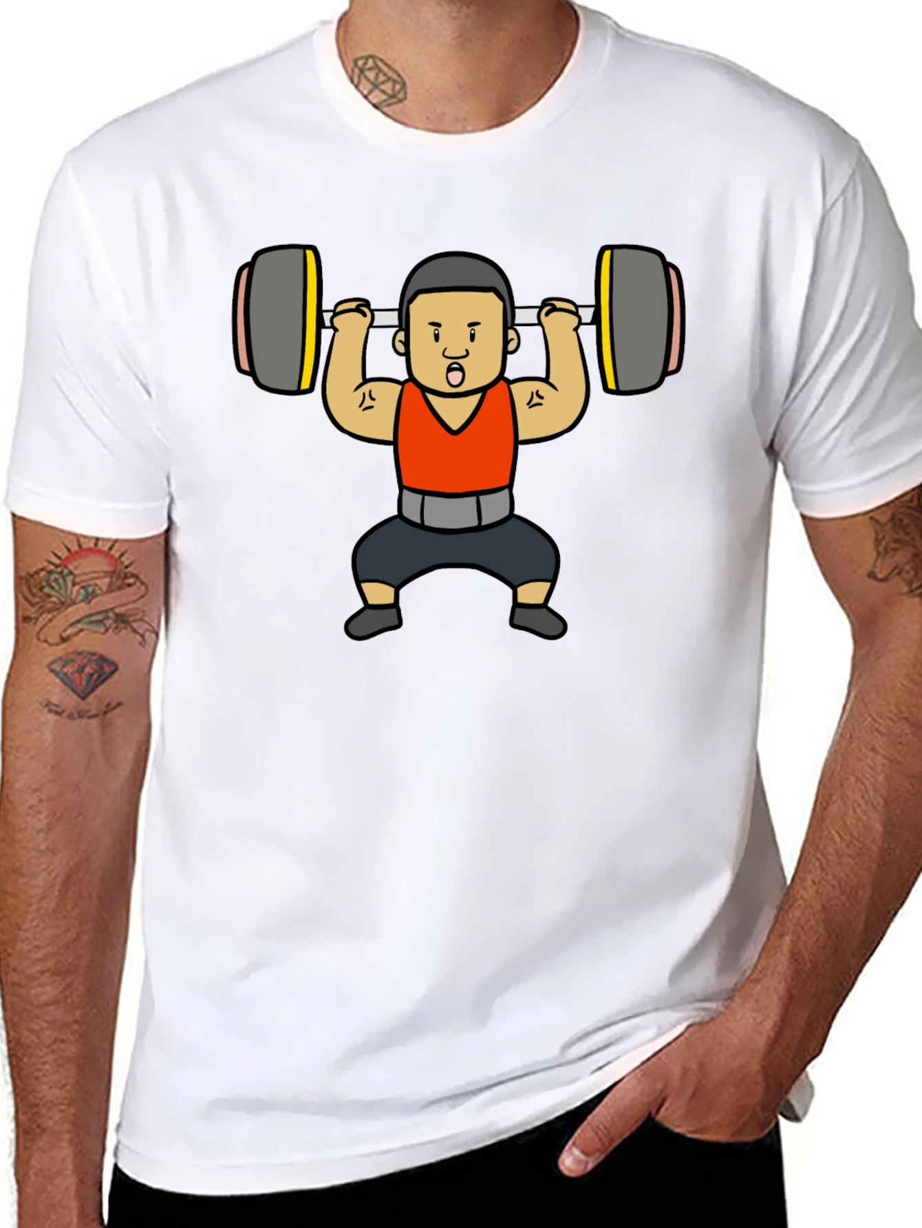 Weightlifter Cartoon Graphic T-Shirt - Black