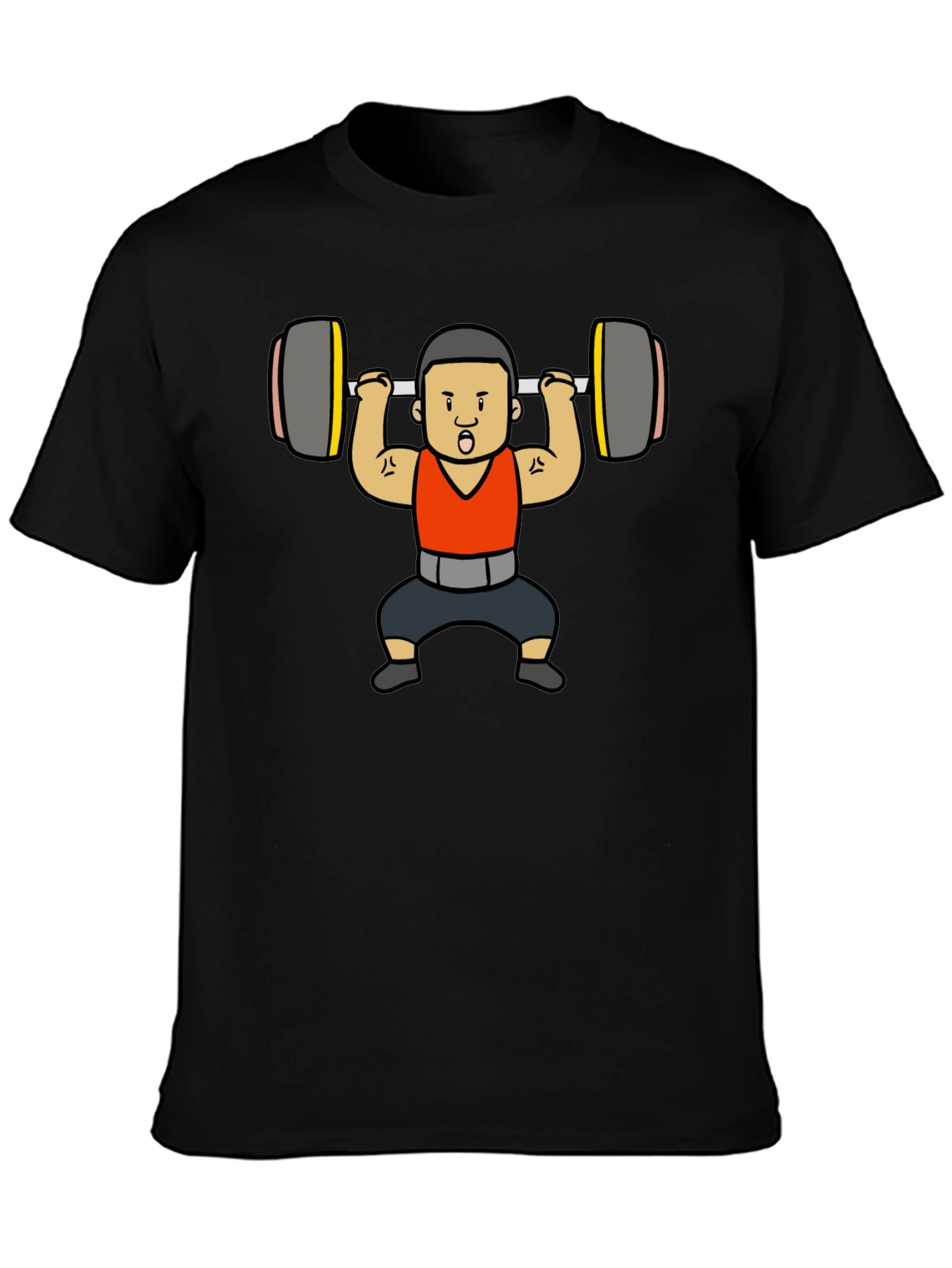 Weightlifter Cartoon Graphic T-Shirt - Black